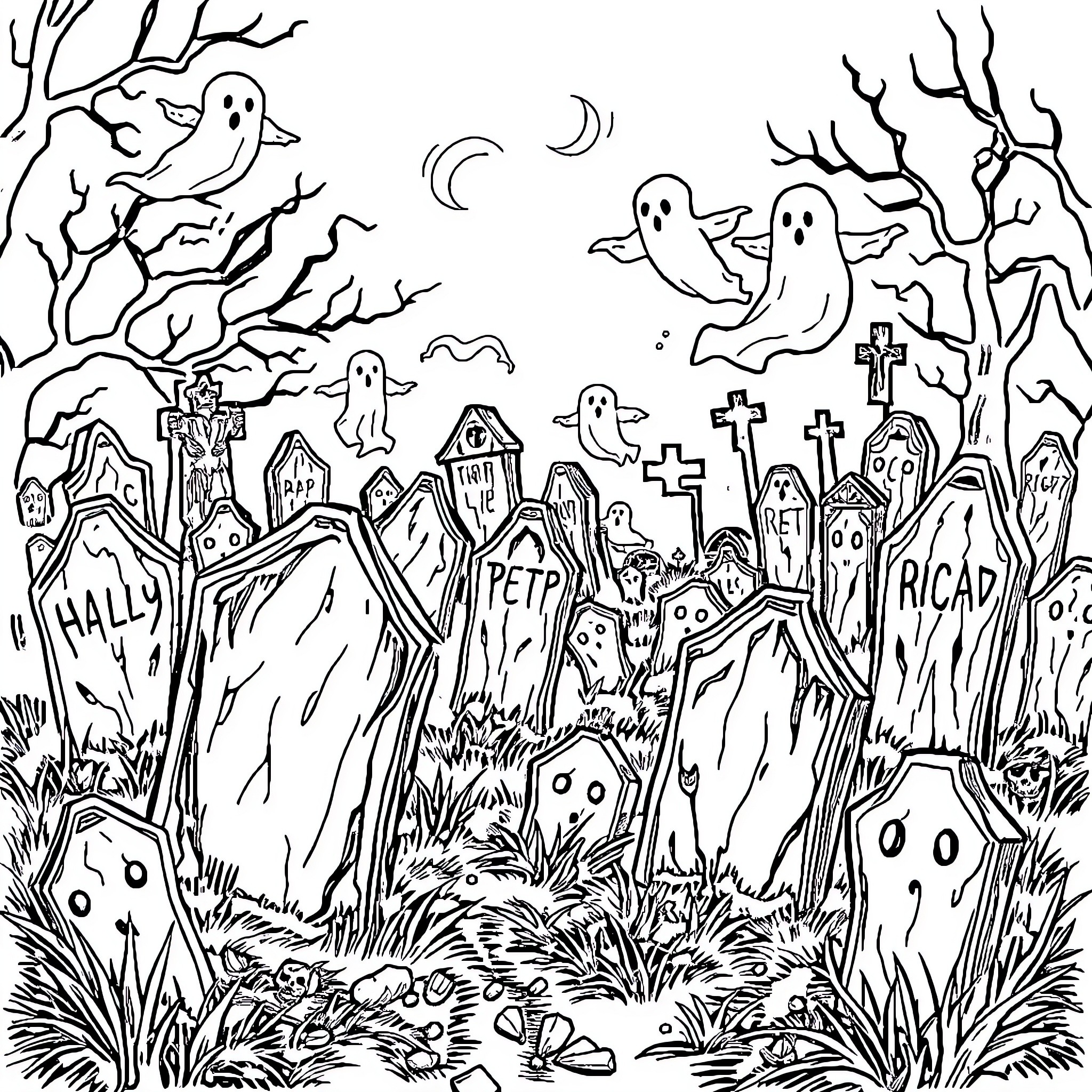 Ghost figures in a haunted graveyard Coloring Page (free black-and-white line drawing printable PDF for all, from beginners to advanced learners, including children, teens, adults, and seniors)