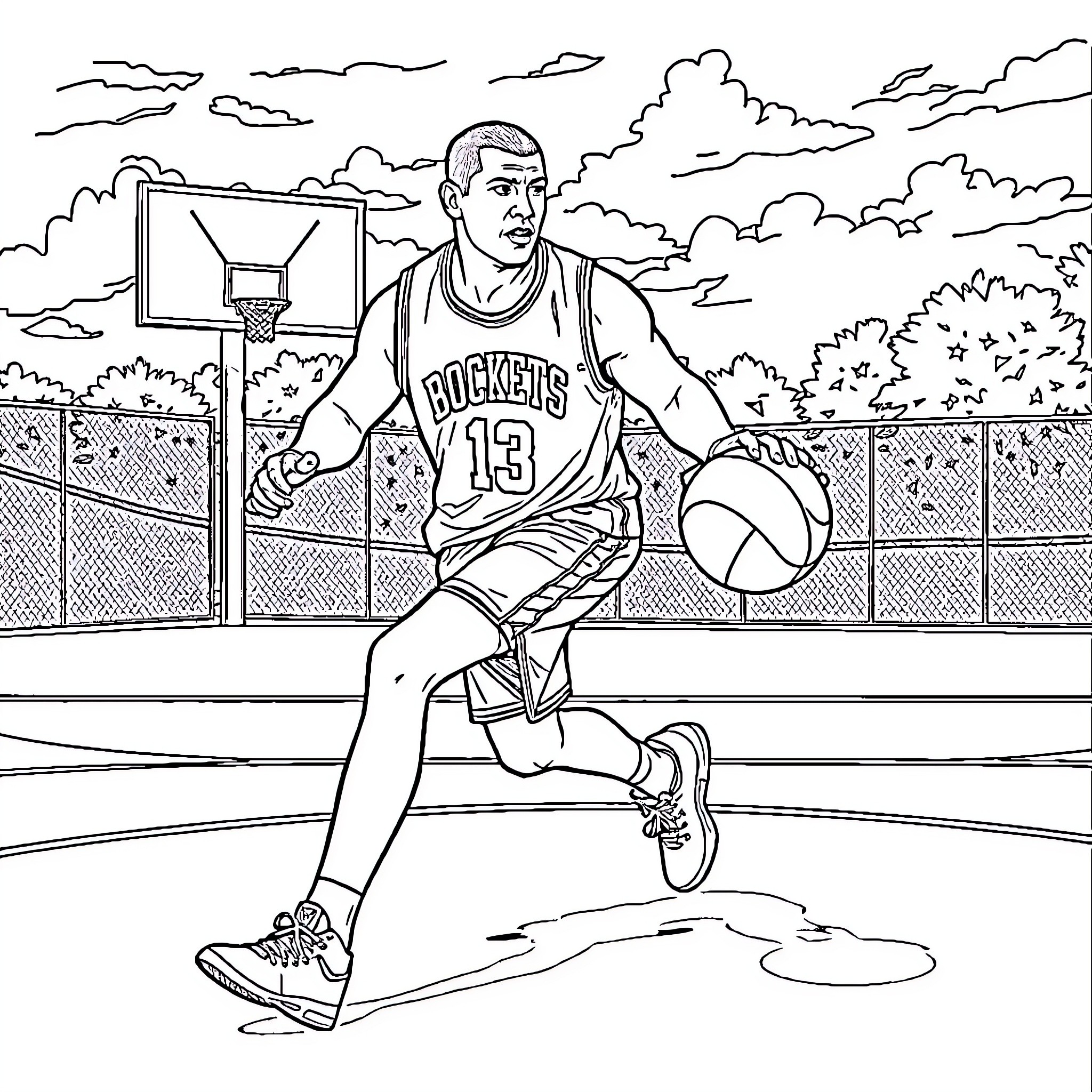John Cena Playing Basketball on the Court Coloring Page (free black-and-white line drawing printable PDF for all, from beginners to advanced learners, including children, teens, adults, and seniors)