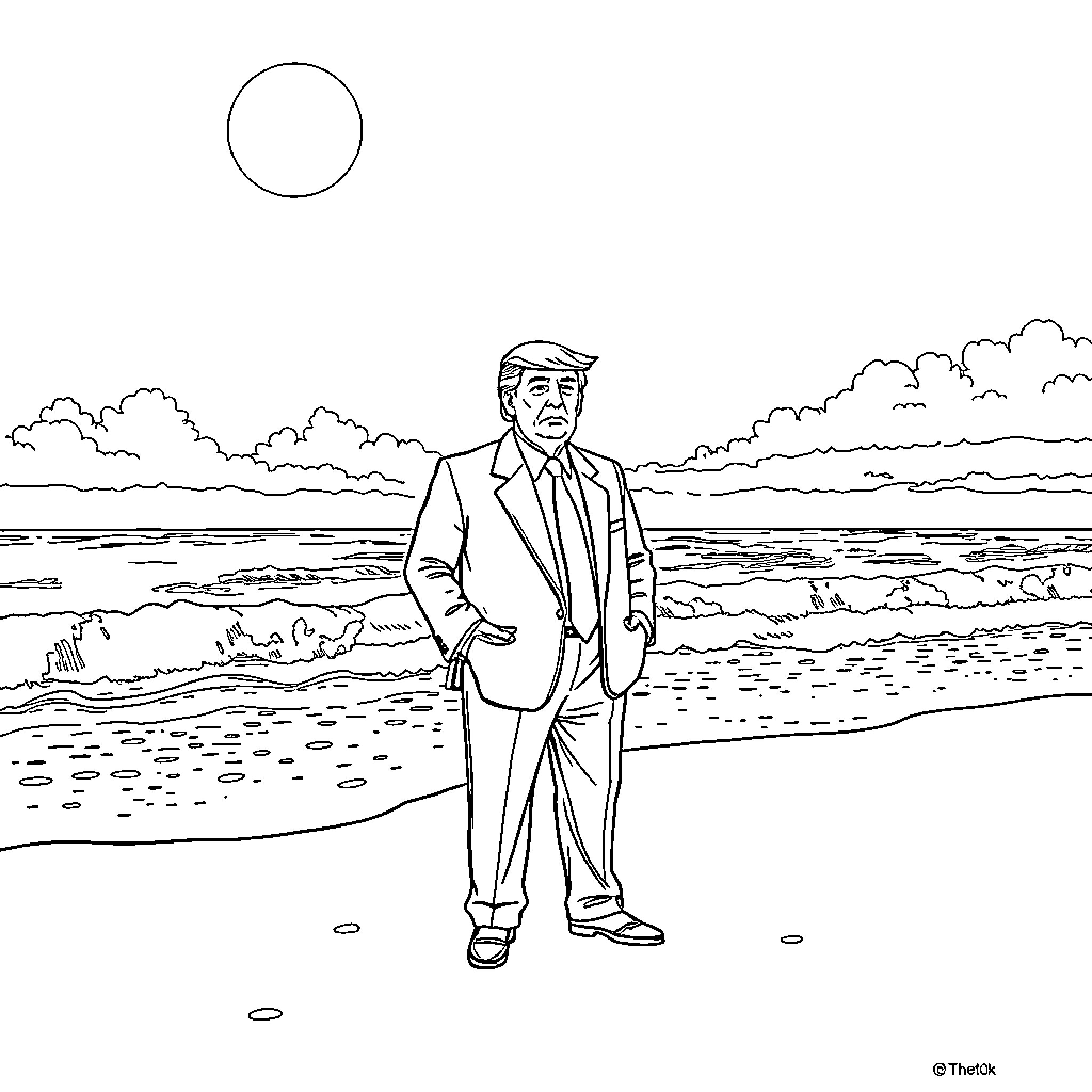 Donald Trump standing alone on a beach Coloring Page (free black-and-white line drawing printable PDF for all, from beginners to advanced learners, including children, teens, adults, and seniors)