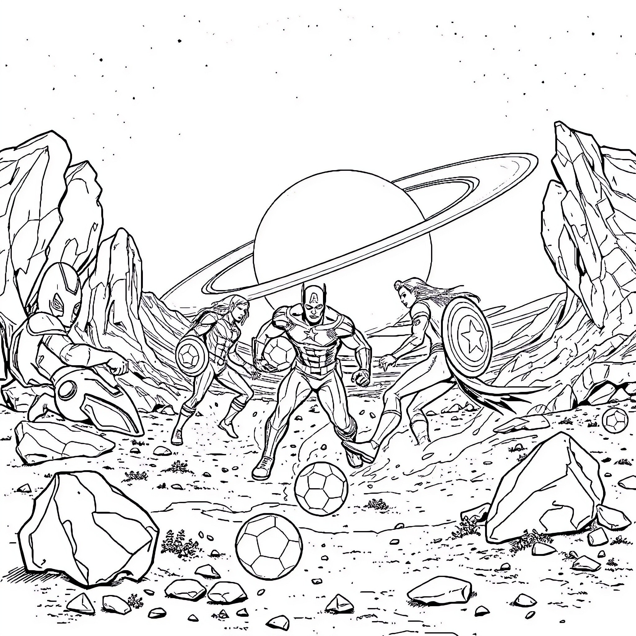 Avengers battling in the alien landscape Coloring Page (free black-and-white line drawing printable PDF for all, from beginners to advanced learners, including children, teens, adults, and seniors)