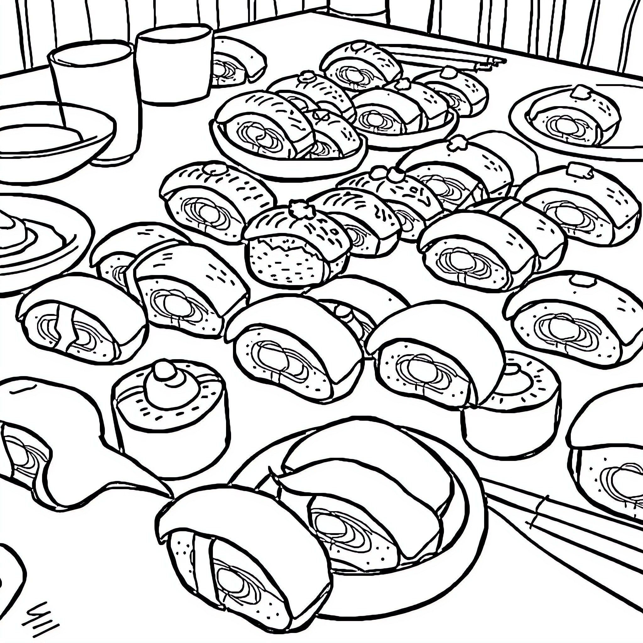 Sushi Feast on Dining Table Coloring Page (free black-and-white line drawing printable PDF for all, from beginners to advanced learners, including children, teens, adults, and seniors)
