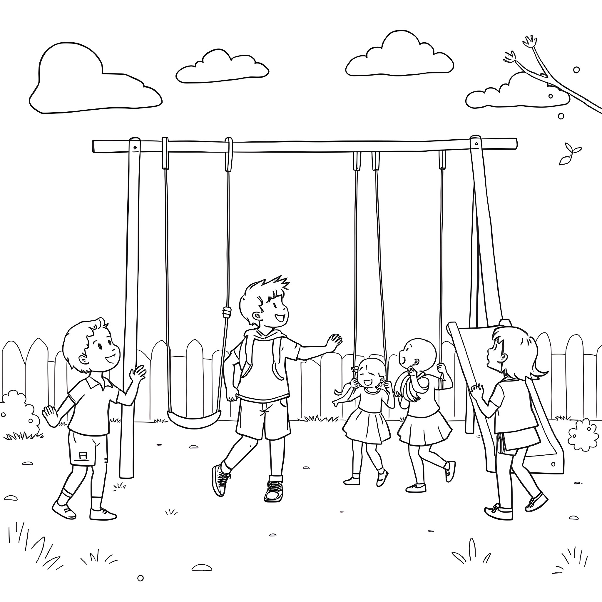 Schoolers enjoying recess on the playground Coloring Page (free black-and-white line drawing printable PDF for all, from beginners to advanced learners, including children, teens, adults, and seniors)