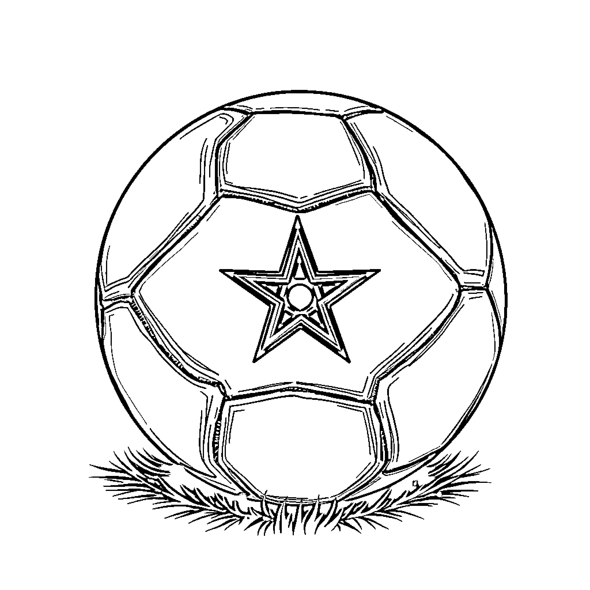 Football with star design on grassy field Coloring Page (free black-and-white line drawing printable PDF for all, from beginners to advanced learners, including children, teens, adults, and seniors)