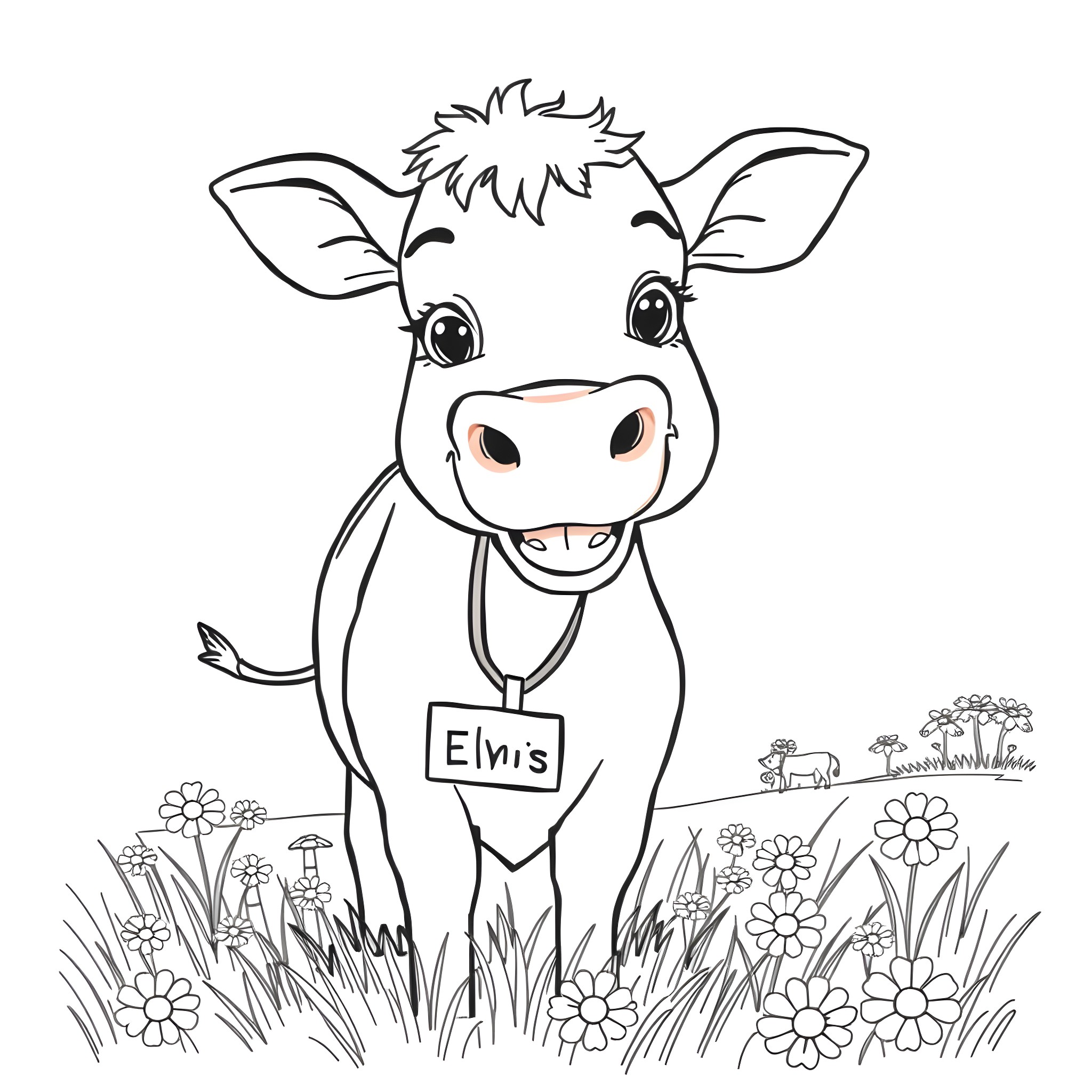 Cow wearing a name tag in a flowery field Coloring Page (free black-and-white line drawing printable PDF for all, from beginners to advanced learners, including children, teens, adults, and seniors)