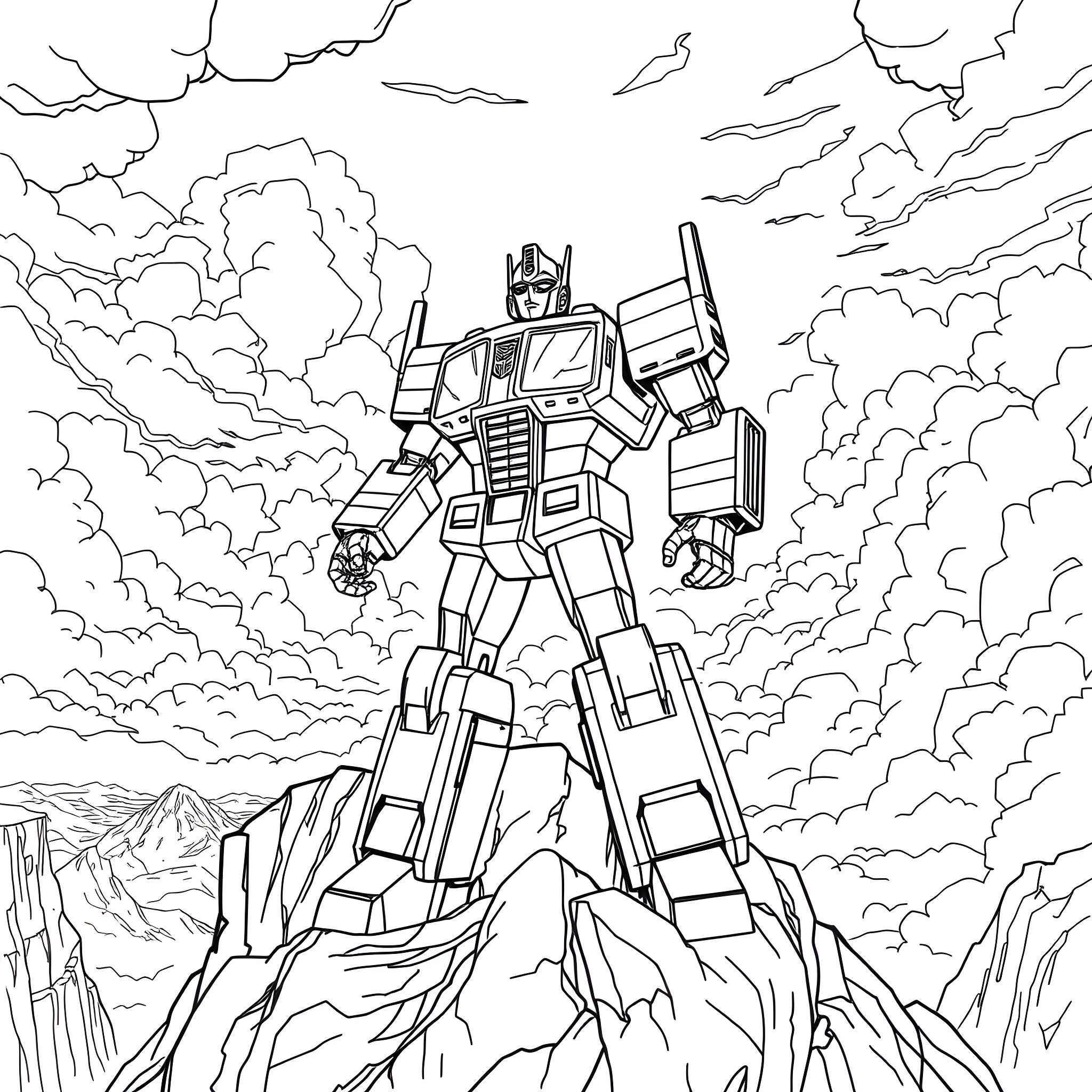 Optimus Prime standing tall in a dramatic landscape Coloring Page (free black-and-white line drawing printable PDF for all, from beginners to advanced learners, including children, teens, adults, and seniors)