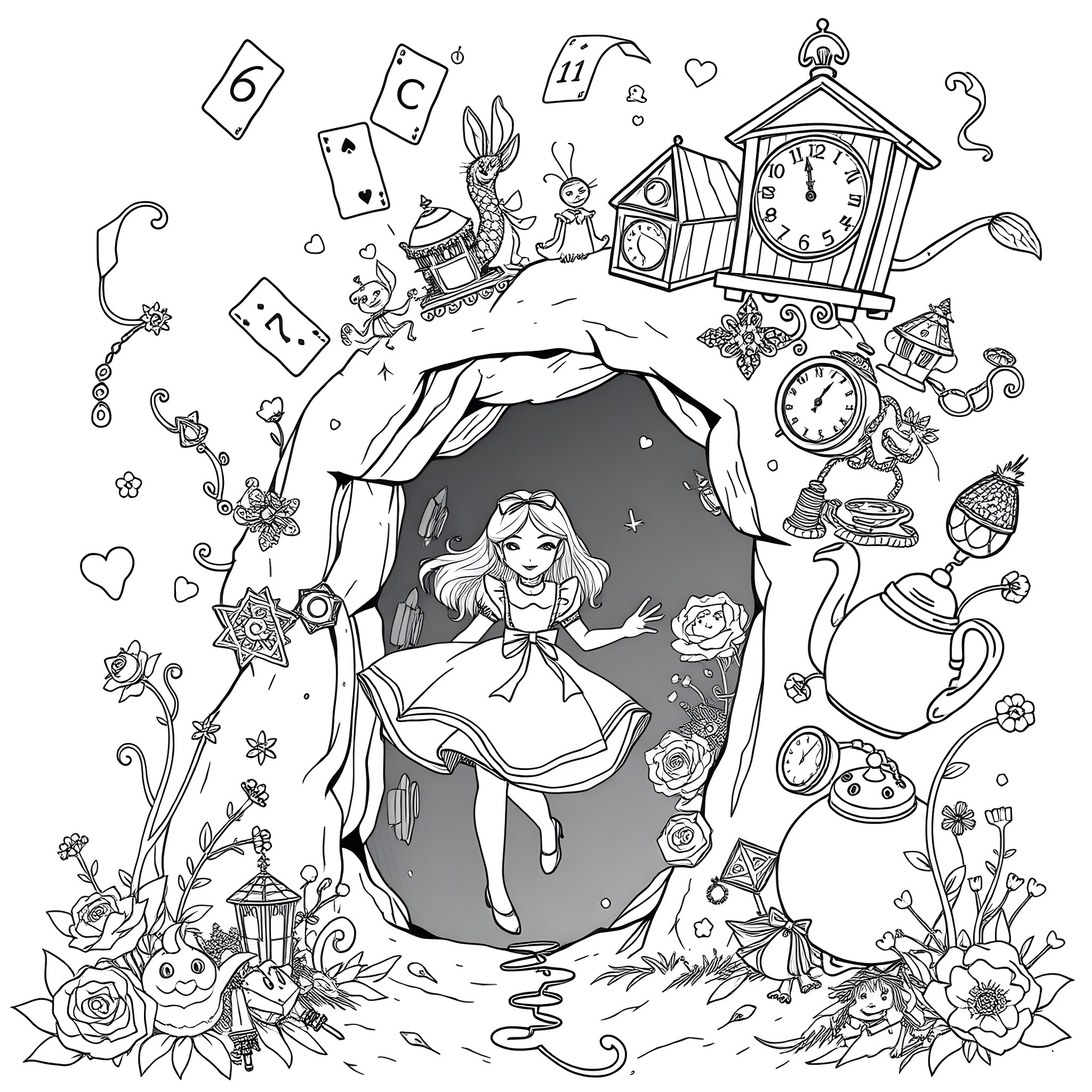 Alice's Whimsical Adventure in Wonderland Coloring Page (free black-and-white line drawing printable PDF for all, from beginners to advanced learners, including children, teens, adults, and seniors)