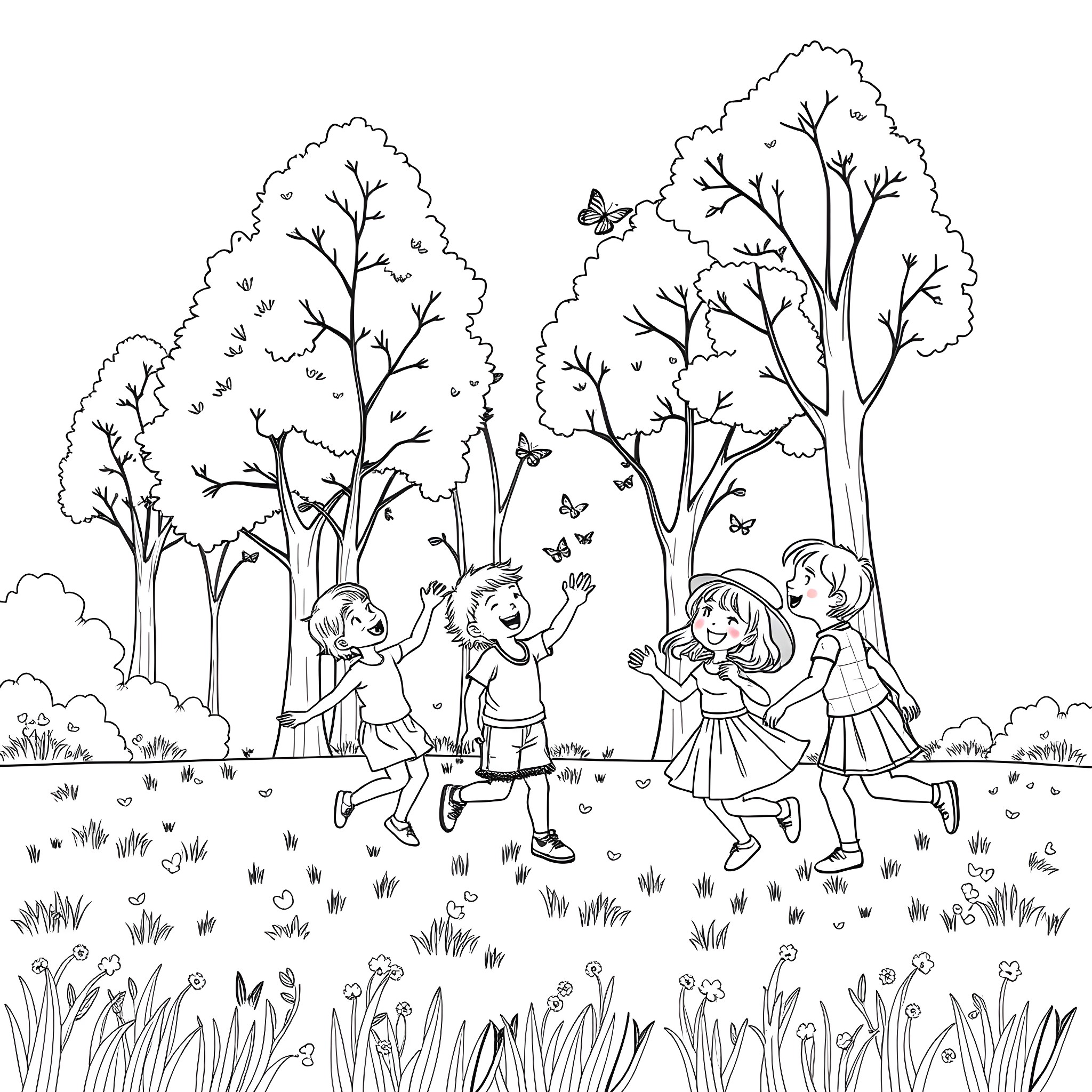Child adventuring through a magical forest with friends Coloring Page (free black-and-white line drawing printable PDF for all, from beginners to advanced learners, including children, teens, adults, and seniors)