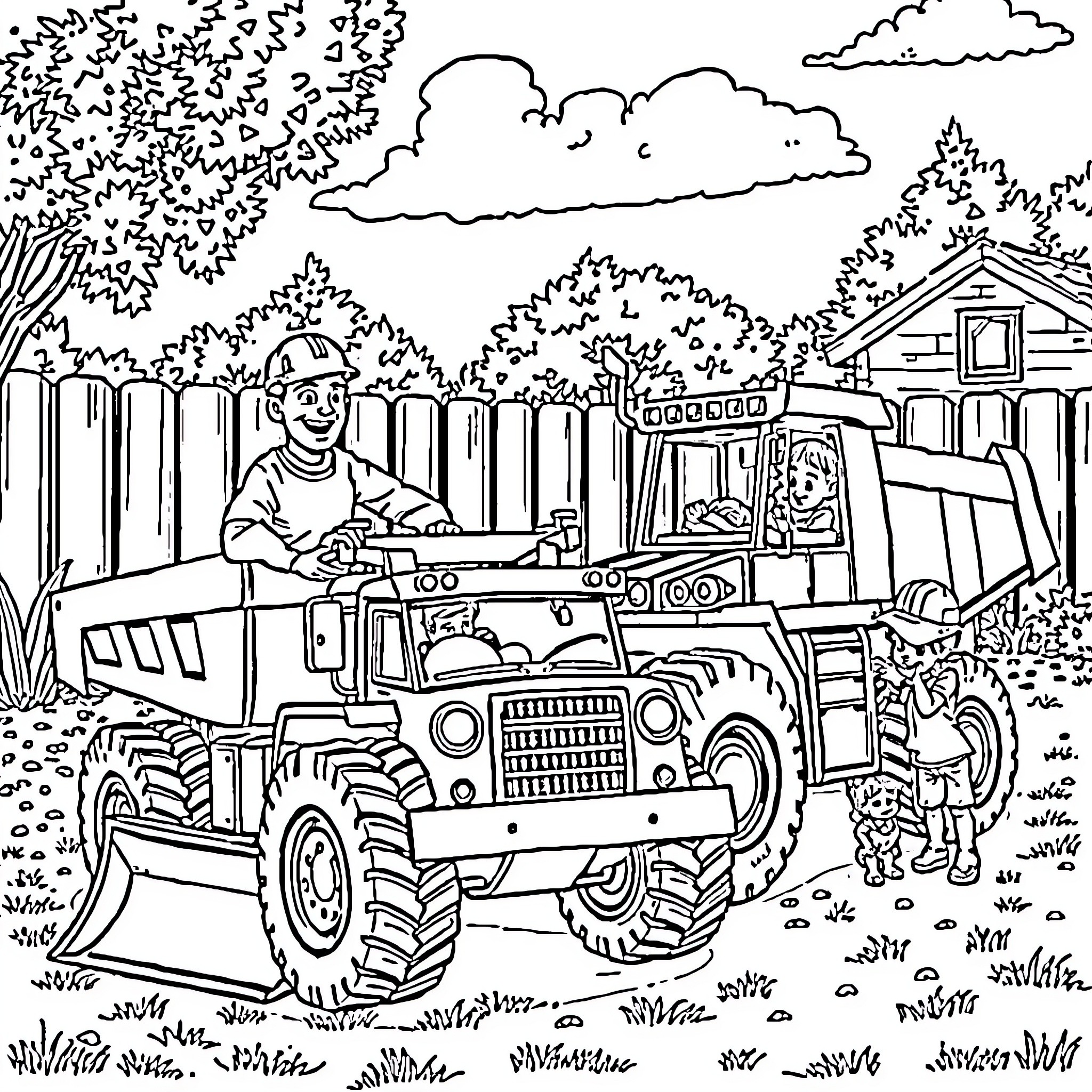 Dad operating heavy machinery in the backyard Coloring Page (free black-and-white line drawing printable PDF for all, from beginners to advanced learners, including children, teens, adults, and seniors)