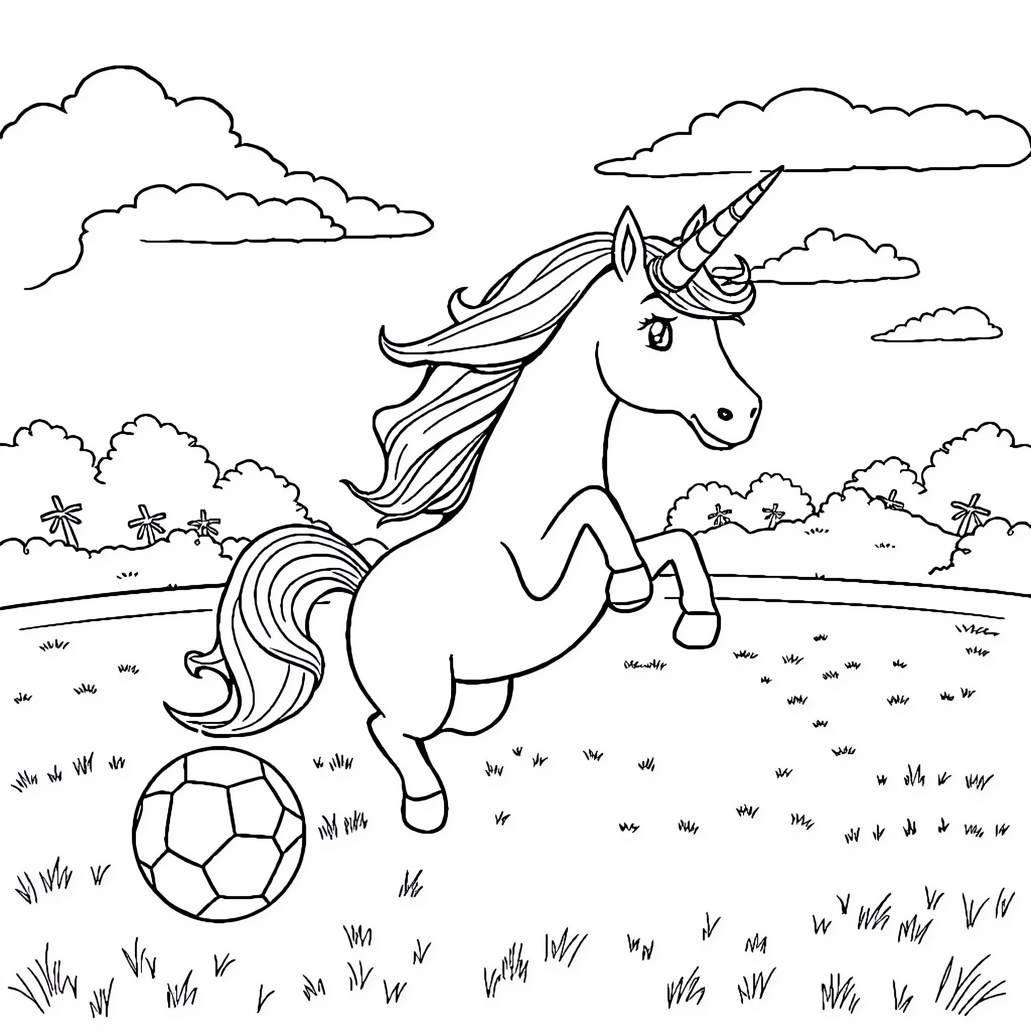 Unicorn playing with soccer ball in grassy field Coloring Page (free black-and-white line drawing printable PDF for all, from beginners to advanced learners, including children, teens, adults, and seniors)