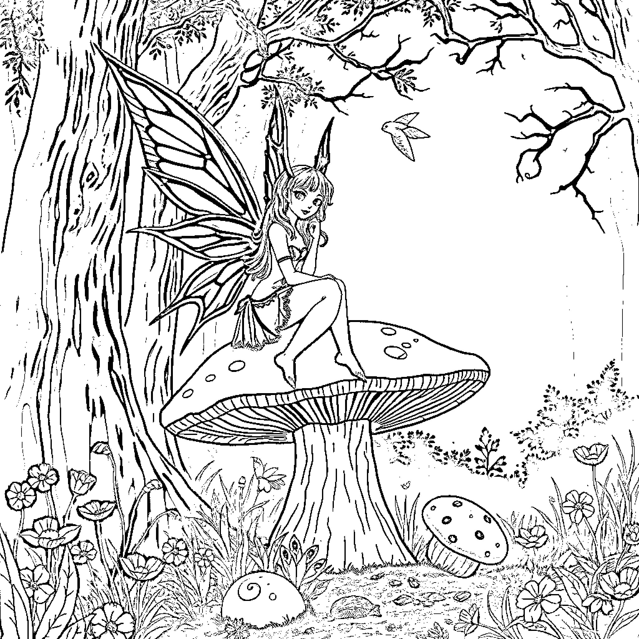 Fairy enjoying a magical forest scene Coloring Page (free black-and-white line drawing printable PDF for all, from beginners to advanced learners, including children, teens, adults, and seniors)