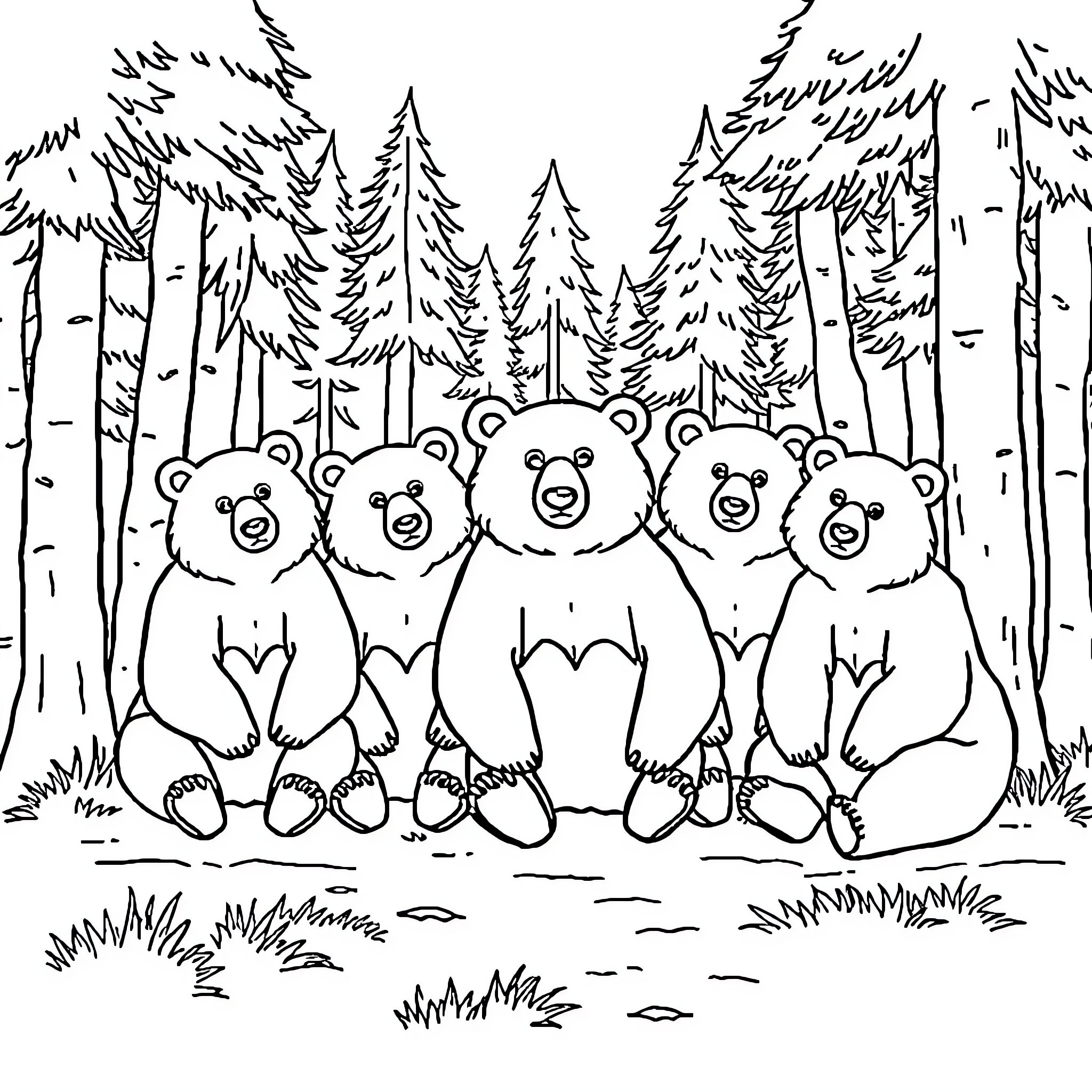 Bear friends in the forest Coloring Page (free black-and-white line drawing printable PDF for all, from beginners to advanced learners, including children, teens, adults, and seniors)