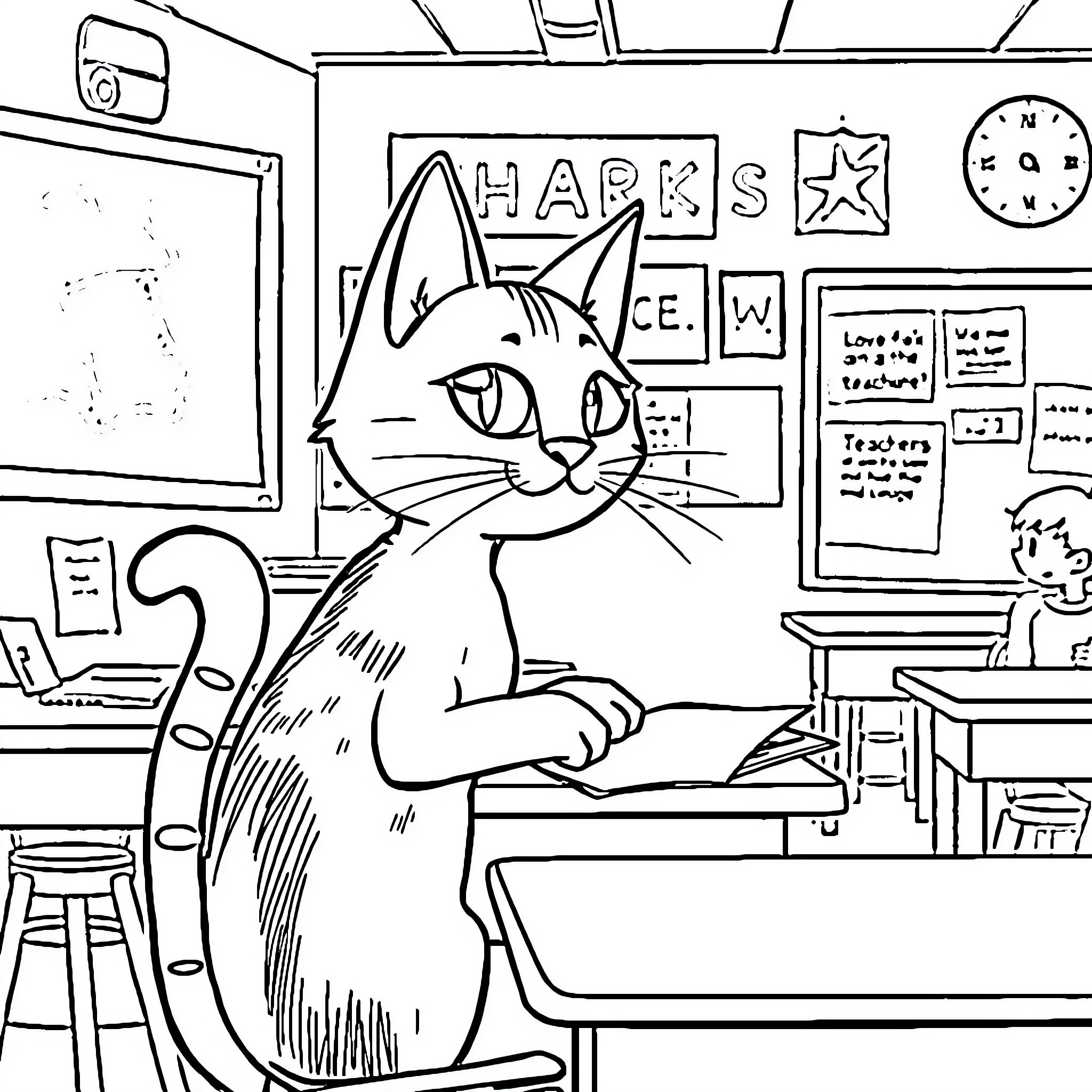 Pete the Cat Hanging Out in the Classroom Coloring Page (free black-and-white line drawing printable PDF for all, from beginners to advanced learners, including children, teens, adults, and seniors)