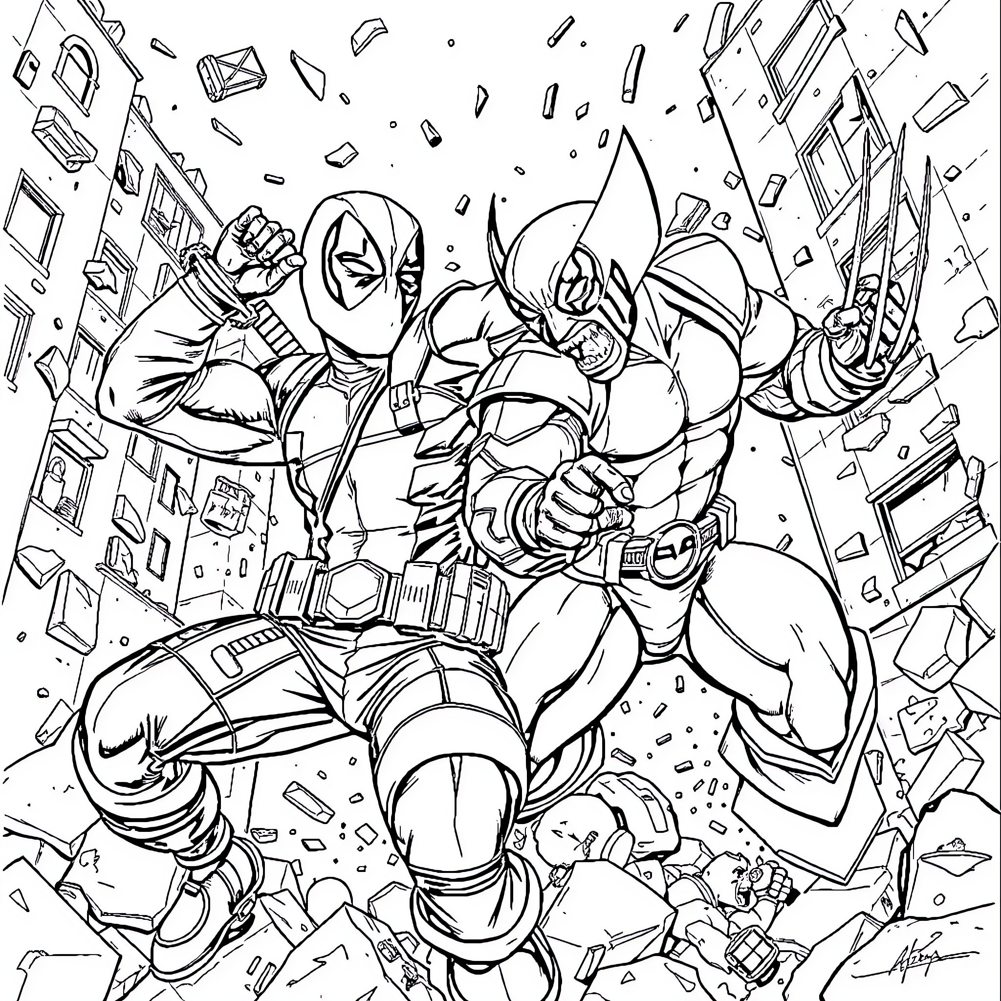 Deadpool in Action-Packed Mayhem Coloring Page (free black-and-white line drawing printable PDF for all, from beginners to advanced learners, including children, teens, adults, and seniors)