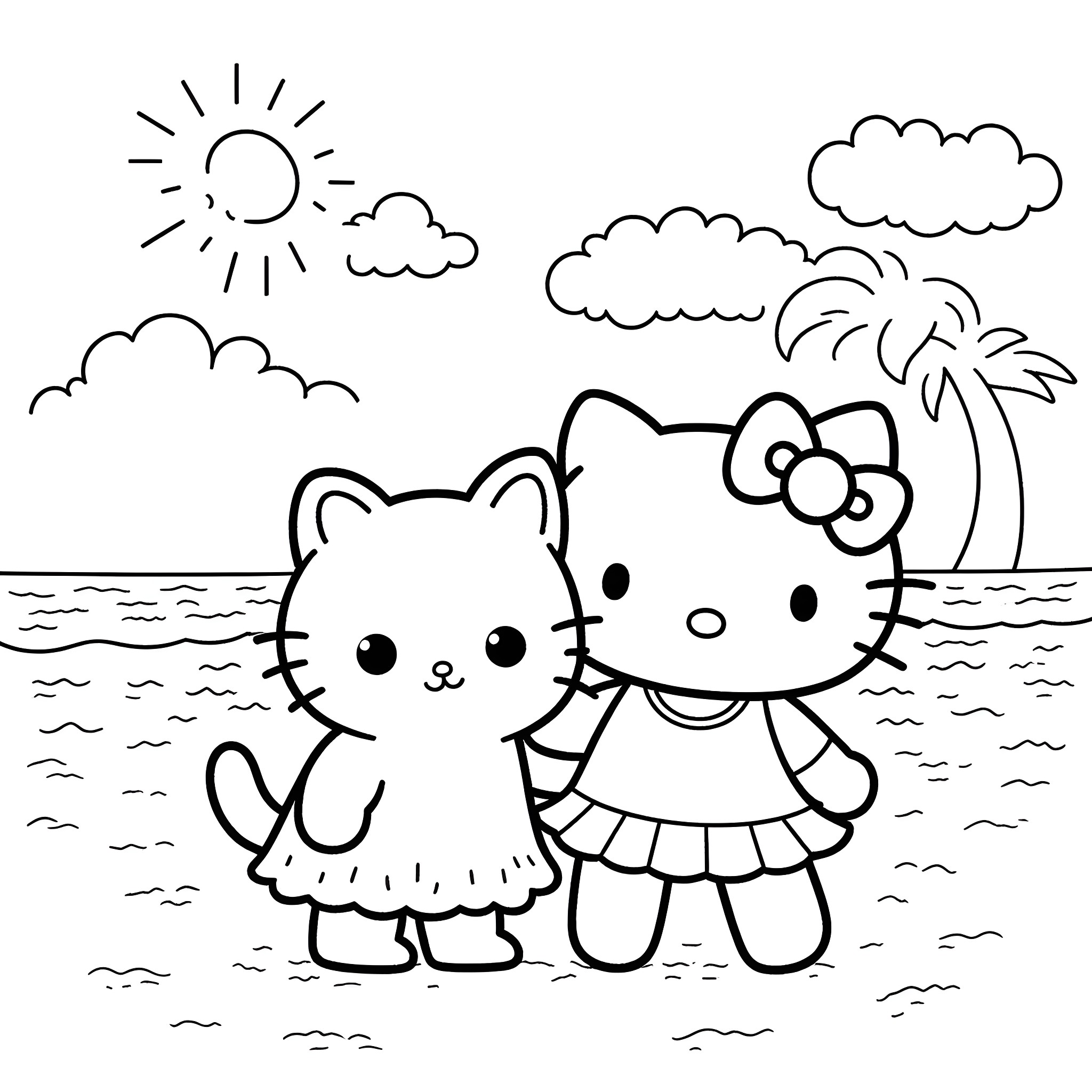 Hello Kitty and her friend playing on the beach Coloring Page (free black-and-white line drawing printable PDF for all, from beginners to advanced learners, including children, teens, adults, and seniors)