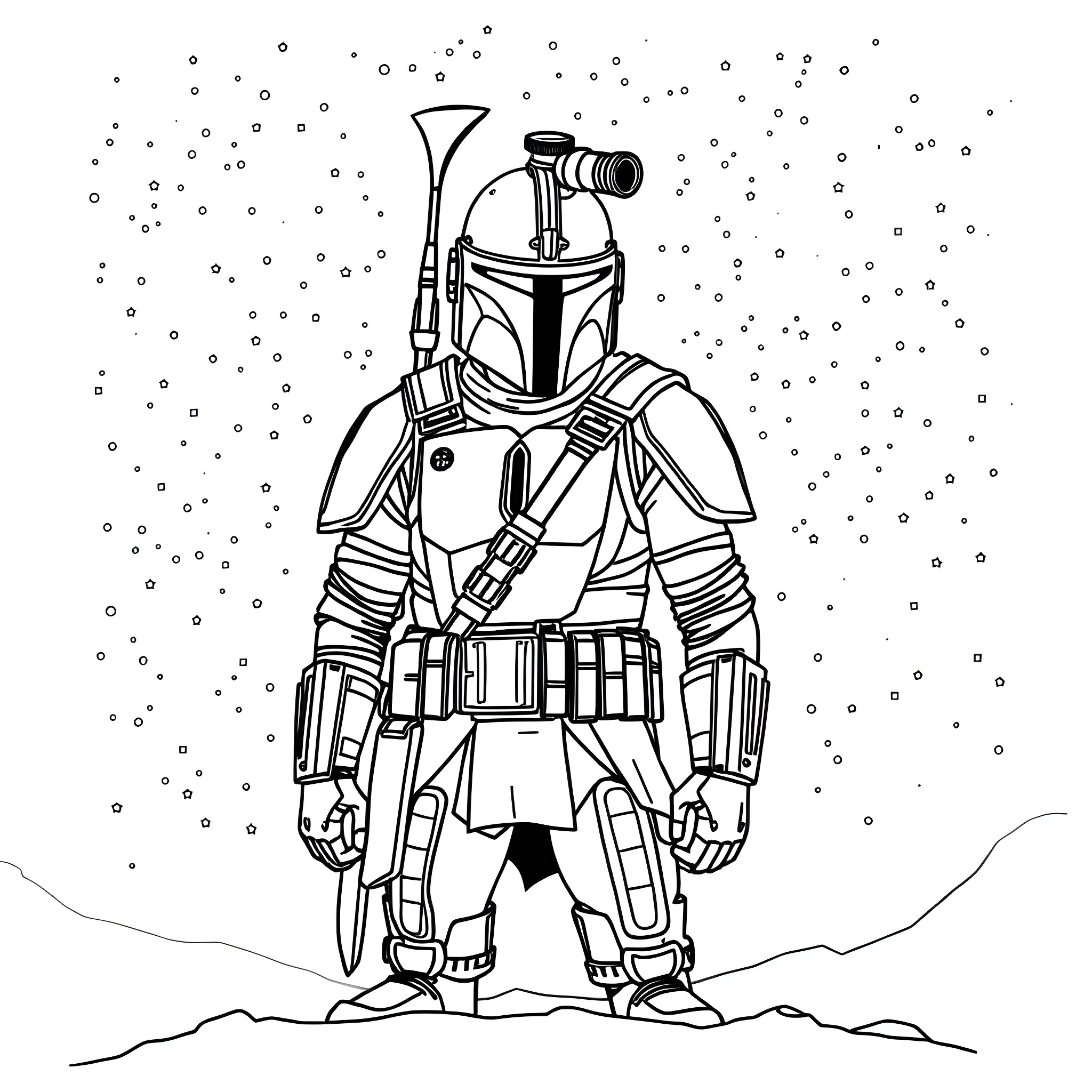 Mandalorian warrior on a snowy battlefield Coloring Page (free black-and-white line drawing printable PDF for all, from beginners to advanced learners, including children, teens, adults, and seniors)