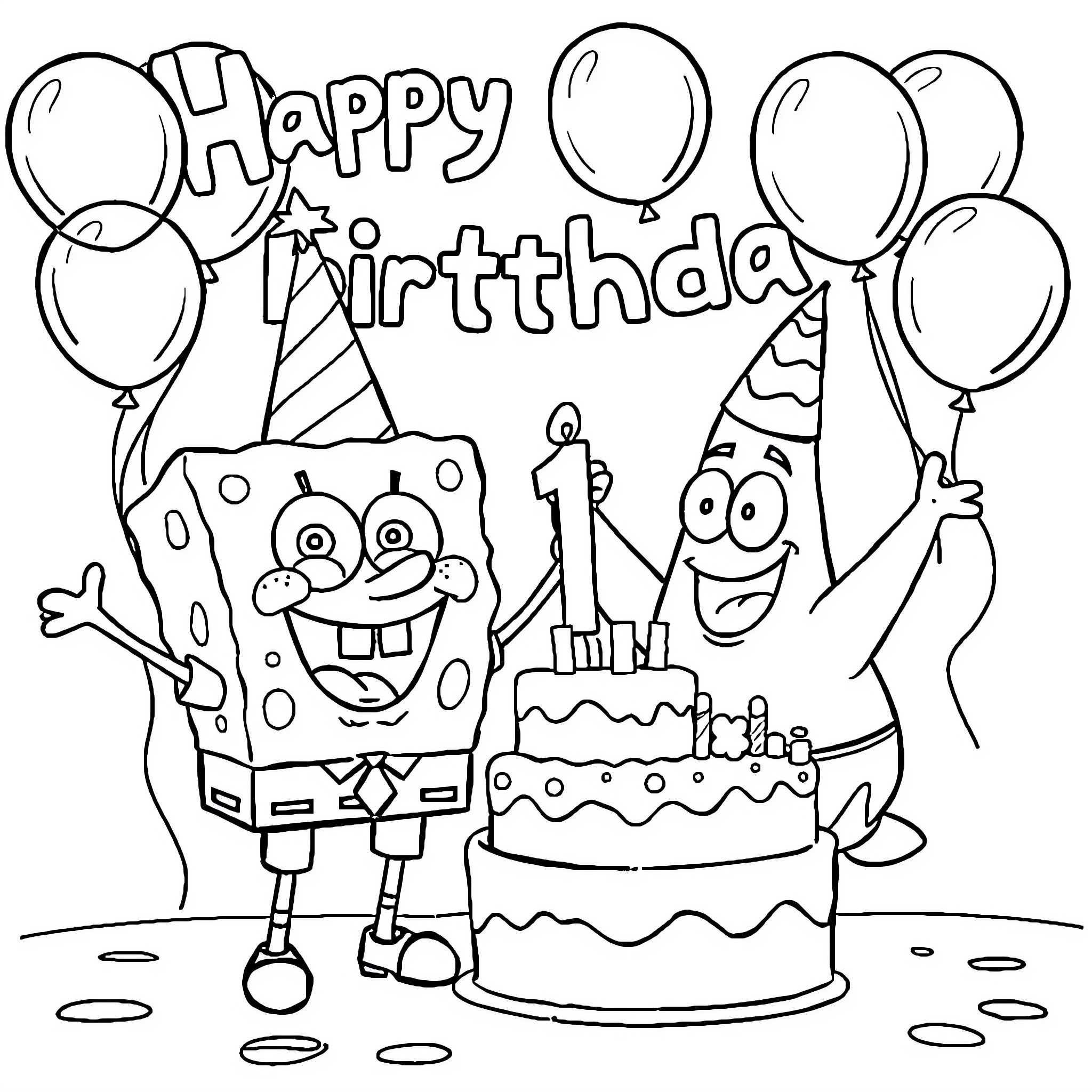 Spongebob and friends celebrate birthday with cake and balloons Coloring Page (free black-and-white line drawing printable PDF for all, from beginners to advanced learners, including children, teens, adults, and seniors)