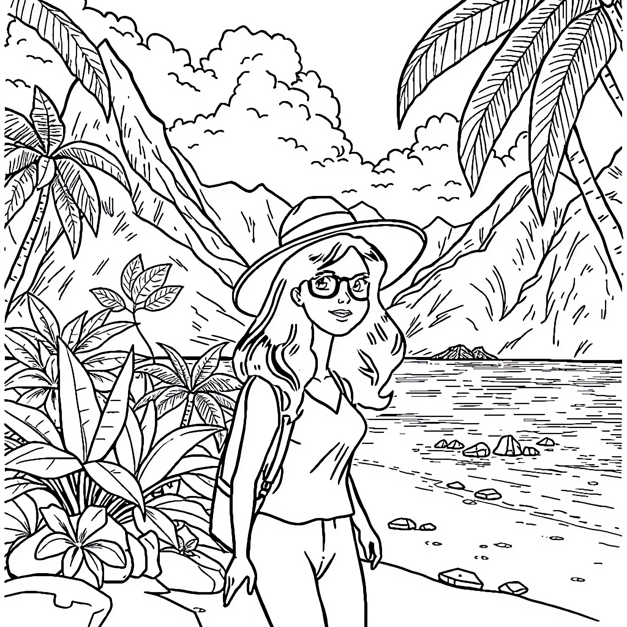 Detective Adventurer Explores Tropical Landscape Coloring Page (free black-and-white line drawing printable PDF for all, from beginners to advanced learners, including children, teens, adults, and seniors)