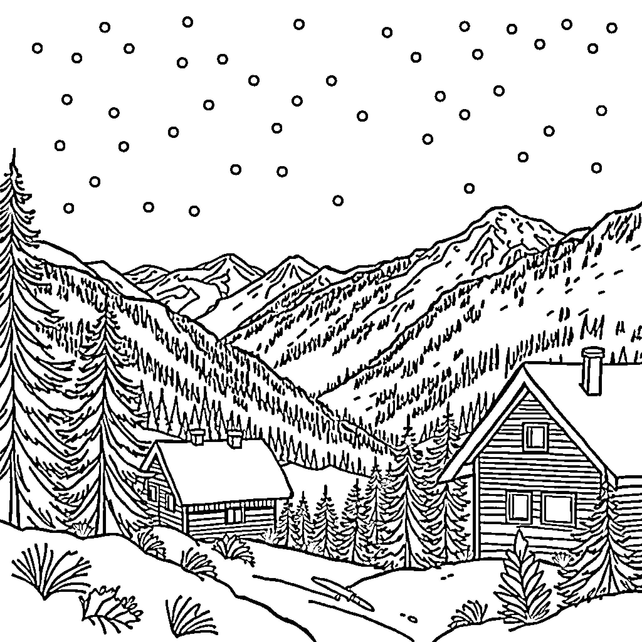 Mountain Cabin in Snowy Winter Landscape Coloring Page (free black-and-white line drawing printable PDF for all, from beginners to advanced learners, including children, teens, adults, and seniors)