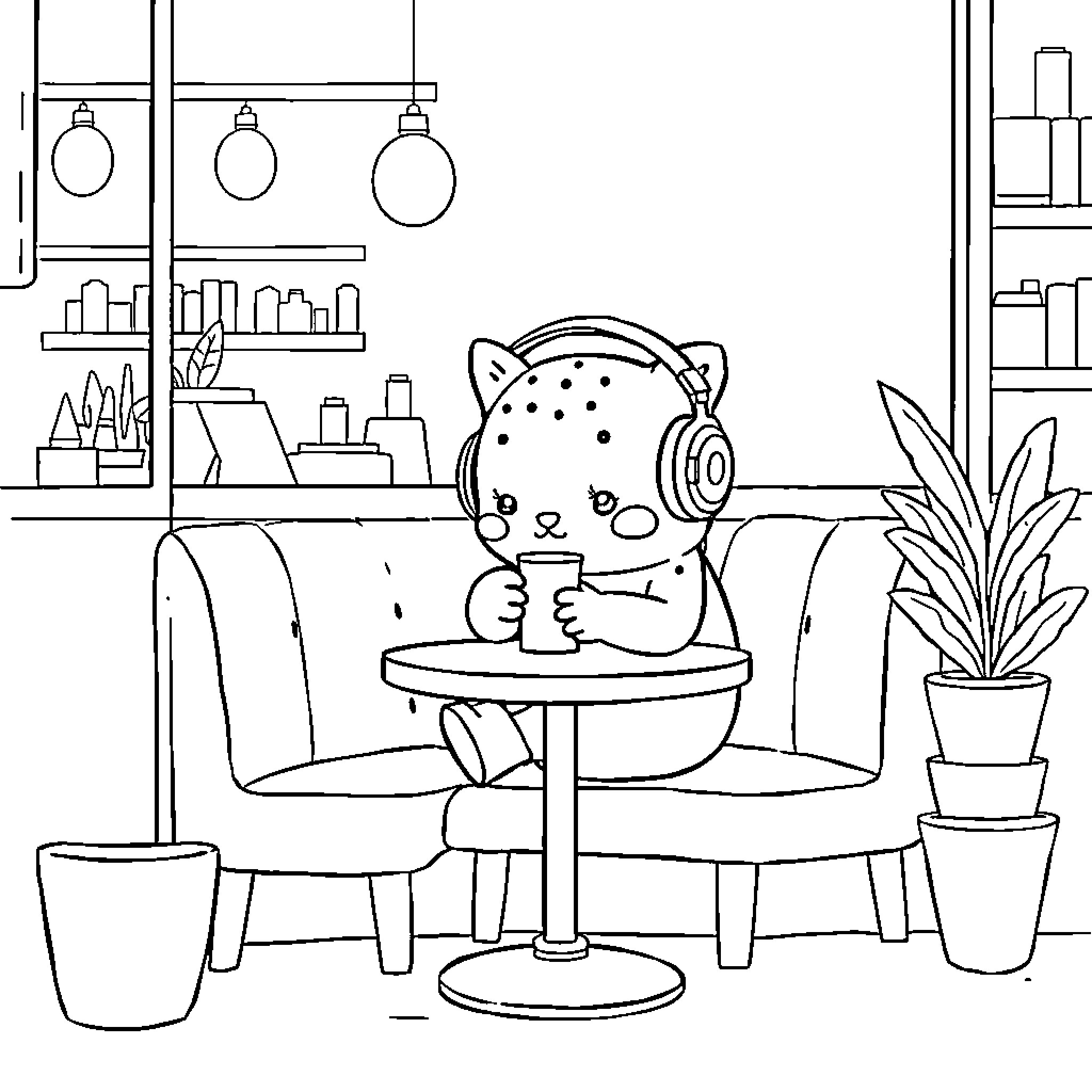 Labubu's Cozy Cafe Hangout Coloring Page (free black-and-white line drawing printable PDF for all, from beginners to advanced learners, including children, teens, adults, and seniors)