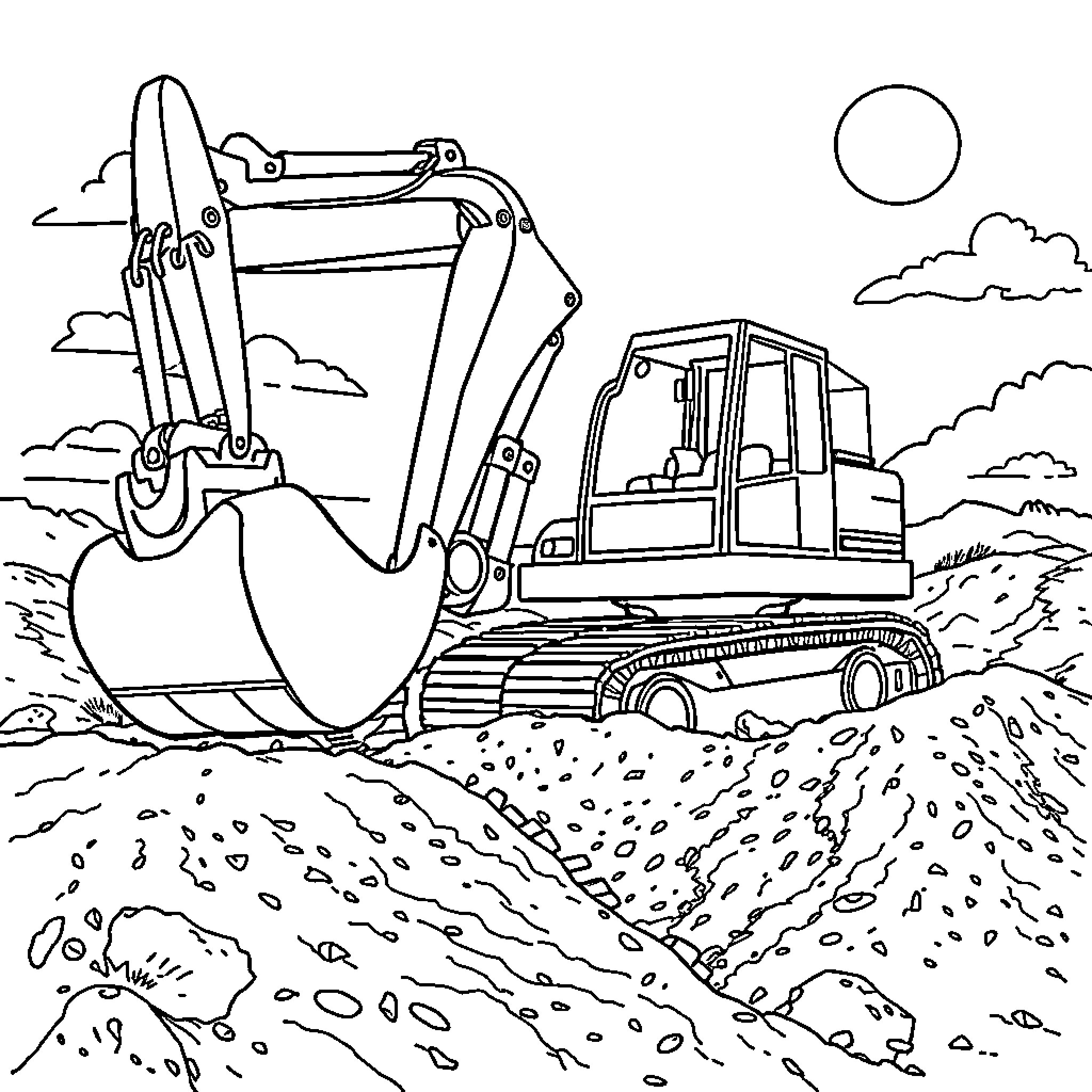 Excavator digging and moving earth in a construction site Coloring Page (free black-and-white line drawing printable PDF for all, from beginners to advanced learners, including children, teens, adults, and seniors)