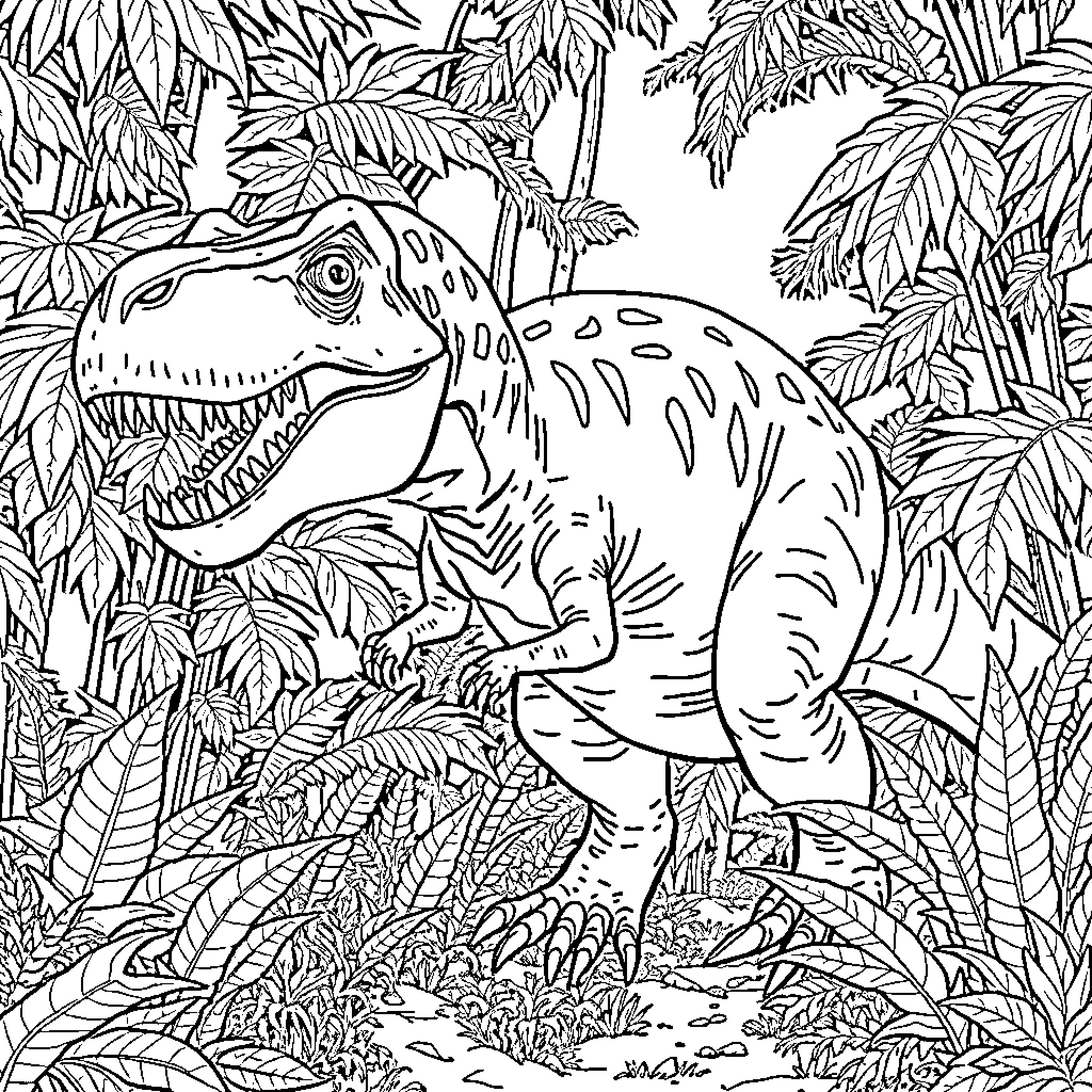Megalosaurus stalking through prehistoric foliage Coloring Page (free black-and-white line drawing printable PDF for all, from beginners to advanced learners, including children, teens, adults, and seniors)