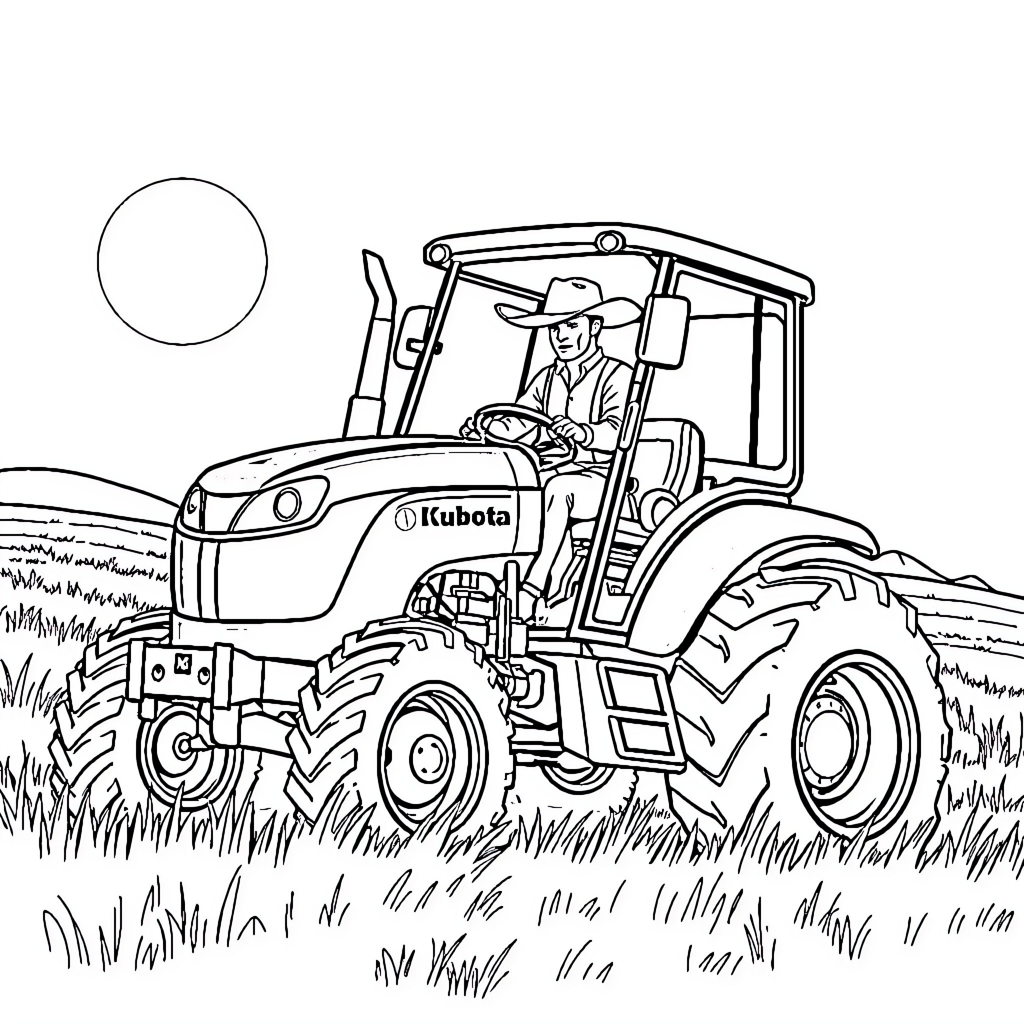 Tractor working diligently in the field Coloring Page (free black-and-white line drawing printable PDF for all, from beginners to advanced learners, including children, teens, adults, and seniors)
