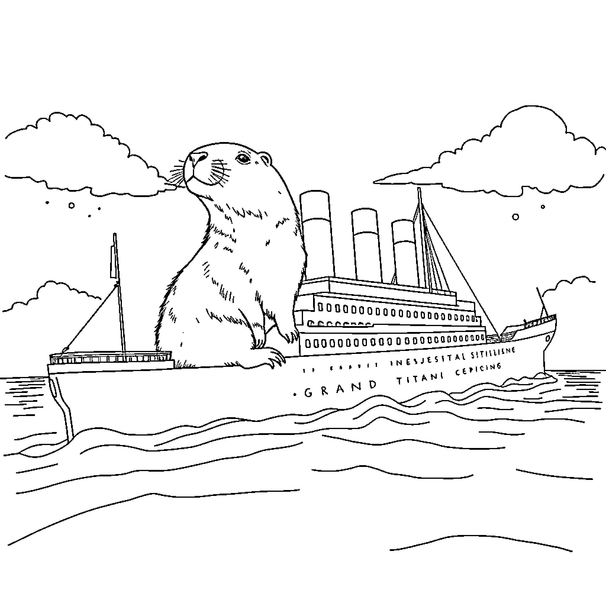 Capybara observing a grand passenger ship Coloring Page (free black-and-white line drawing printable PDF for all, from beginners to advanced learners, including children, teens, adults, and seniors)