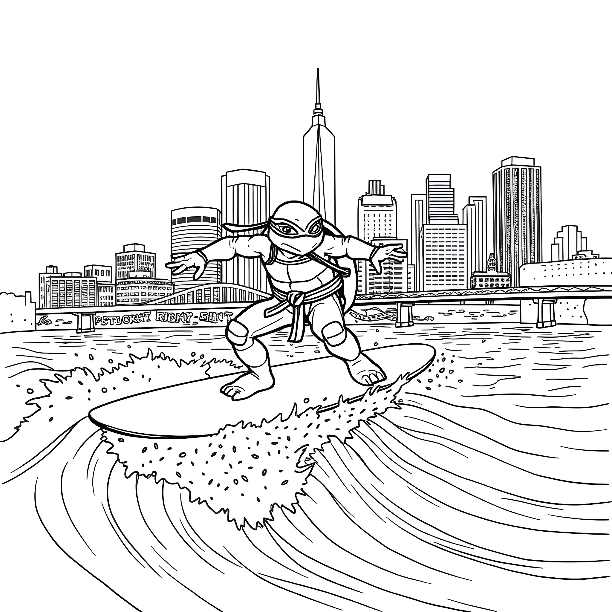 Ninja Turtle Surfing in the City Coloring Page (free black-and-white line drawing printable PDF for all, from beginners to advanced learners, including children, teens, adults, and seniors)
