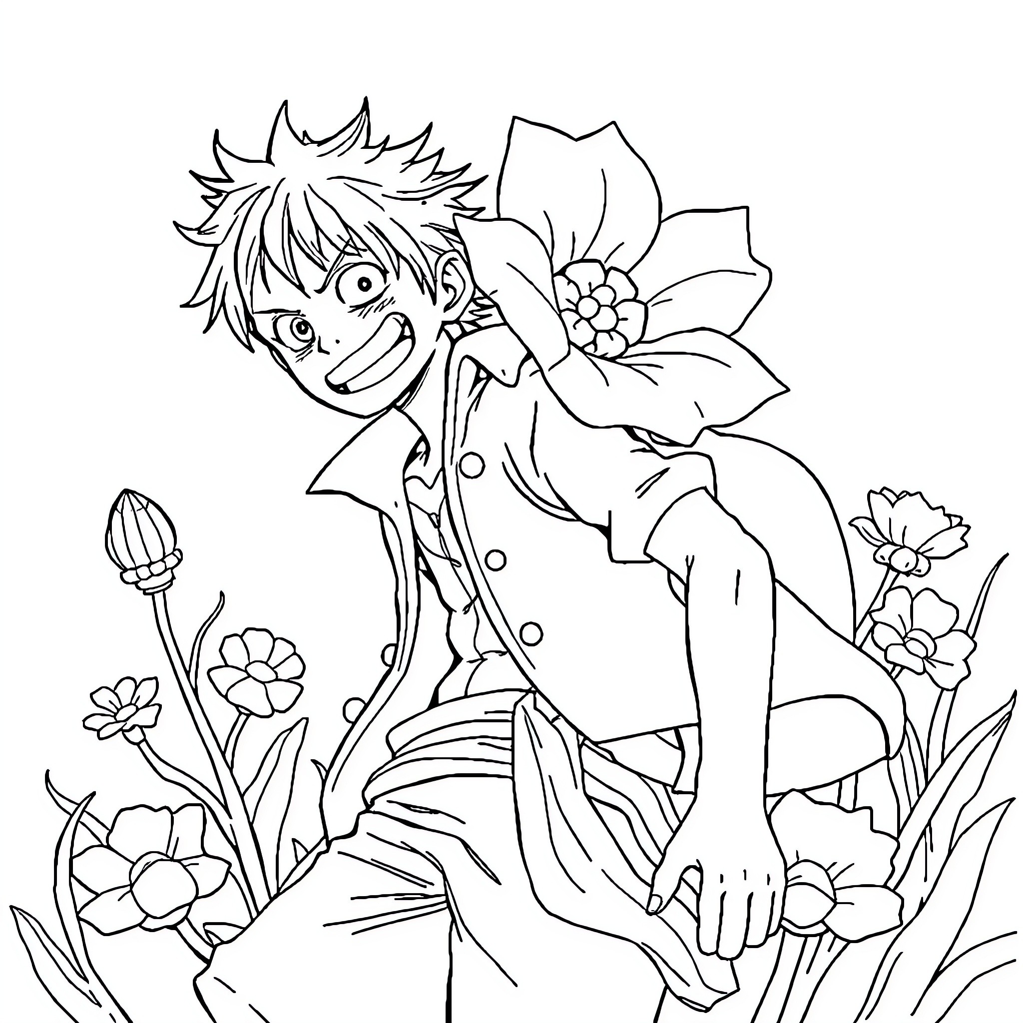Luffy exploring the floral landscape Coloring Page (free black-and-white line drawing printable PDF for all, from beginners to advanced learners, including children, teens, adults, and seniors)