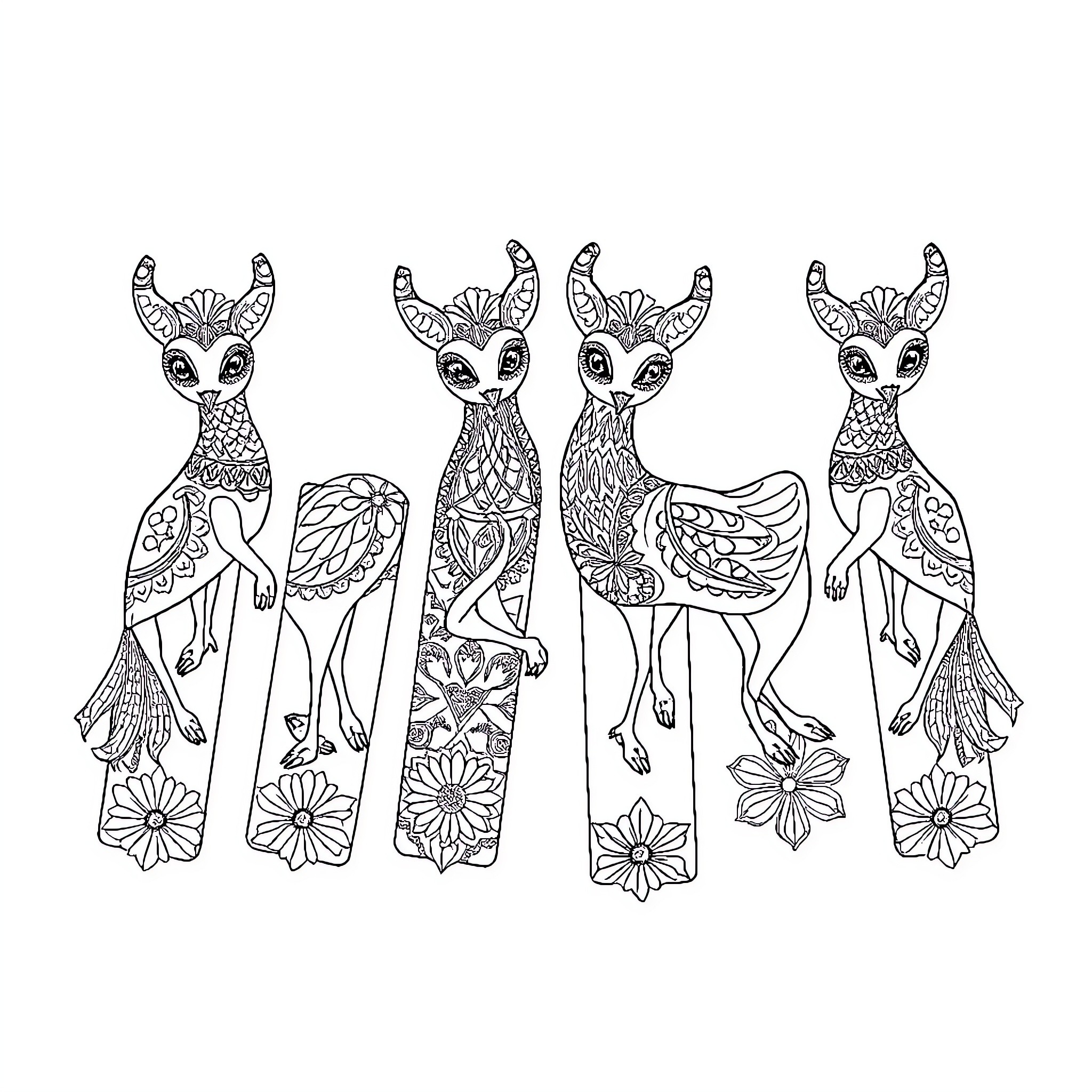 Alebrije fantasy creatures with ornate patterns Coloring Page (free black-and-white line drawing printable PDF for all, from beginners to advanced learners, including children, teens, adults, and seniors)