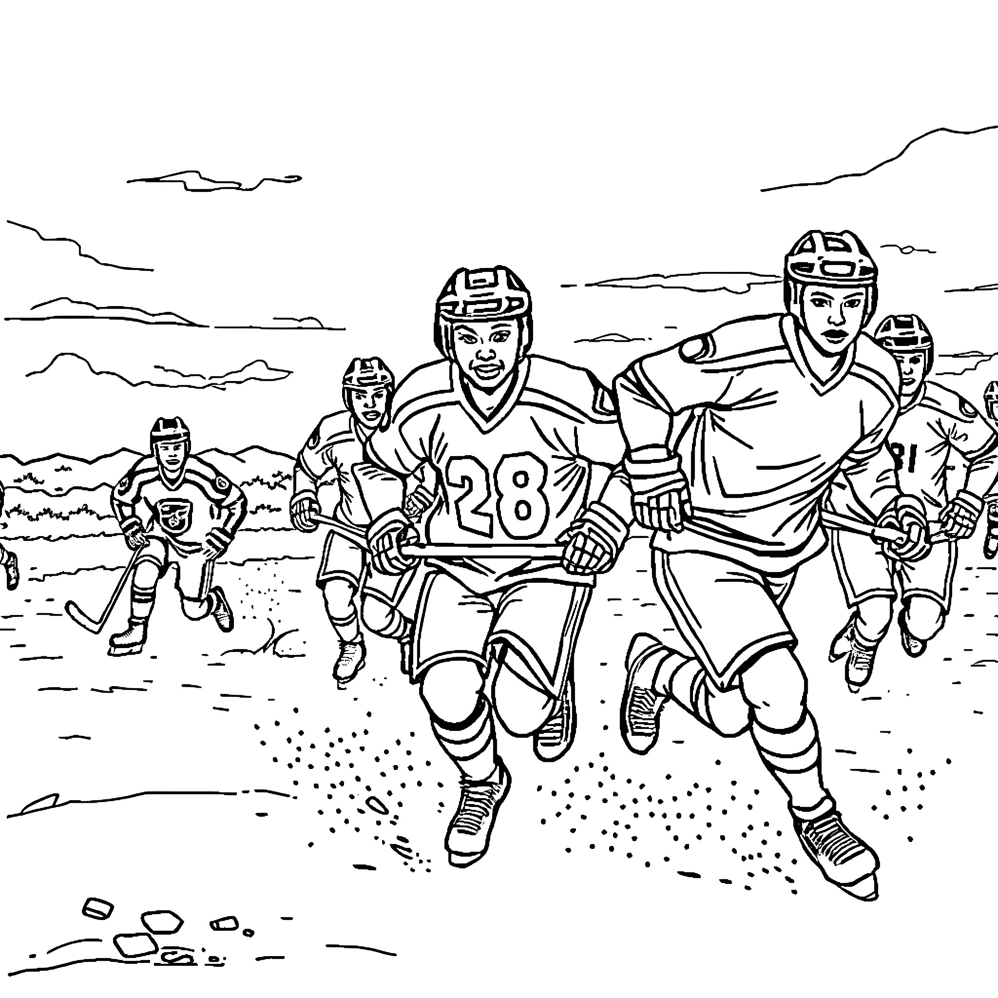 Hockey players in action on the field Coloring Page (free black-and-white line drawing printable PDF for all, from beginners to advanced learners, including children, teens, adults, and seniors)