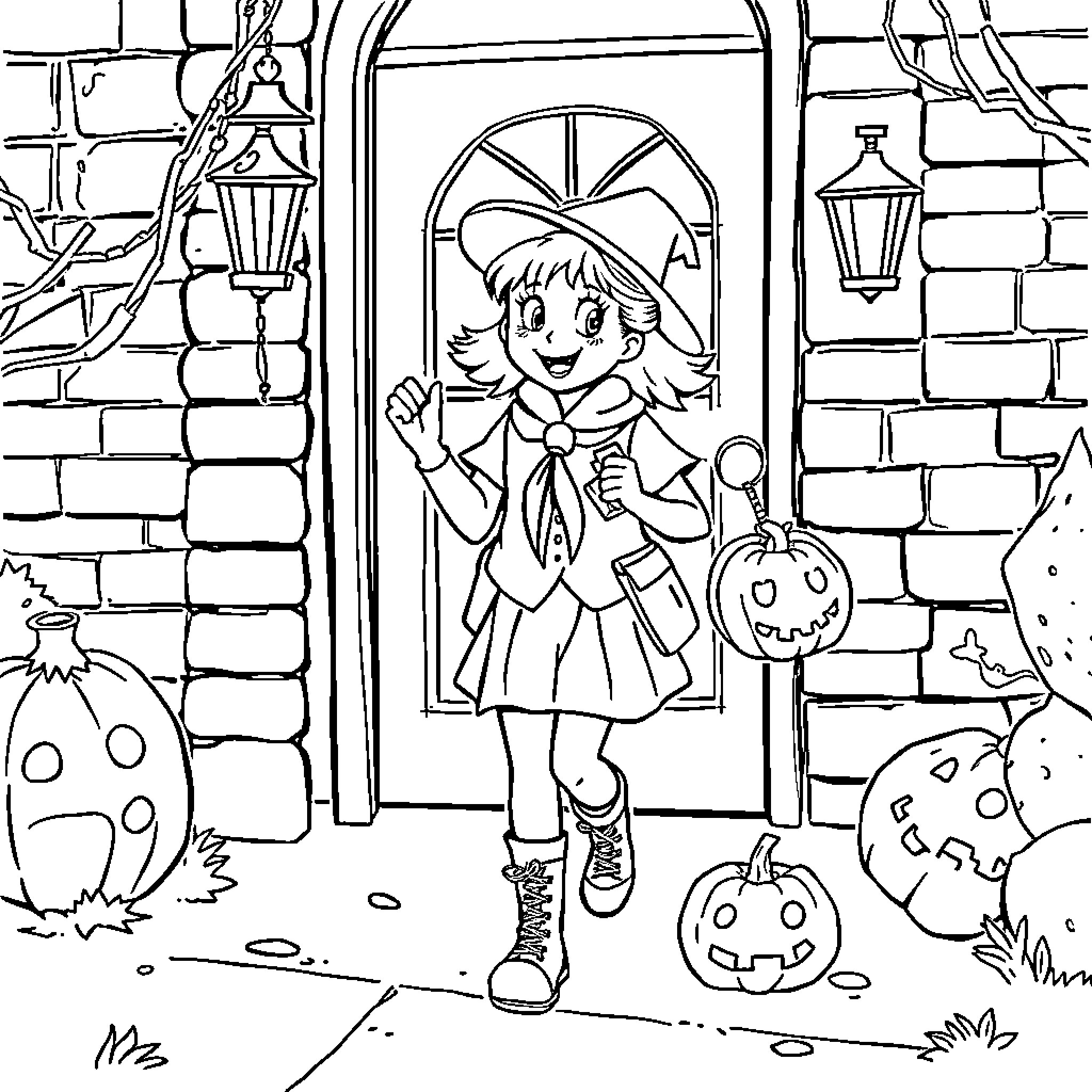 Girl Scout Trick-or-Treating on Halloween Coloring Page (free black-and-white line drawing printable PDF for all, from beginners to advanced learners, including children, teens, adults, and seniors)