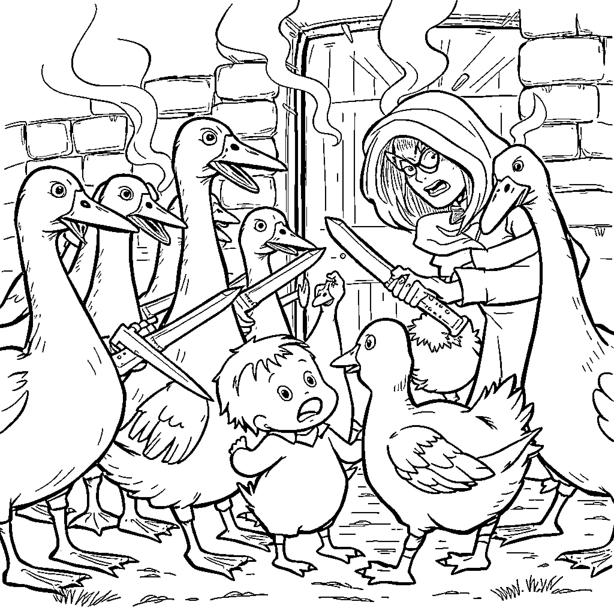 Goose family tending to their young Coloring Page (free black-and-white line drawing printable PDF for all, from beginners to advanced learners, including children, teens, adults, and seniors)