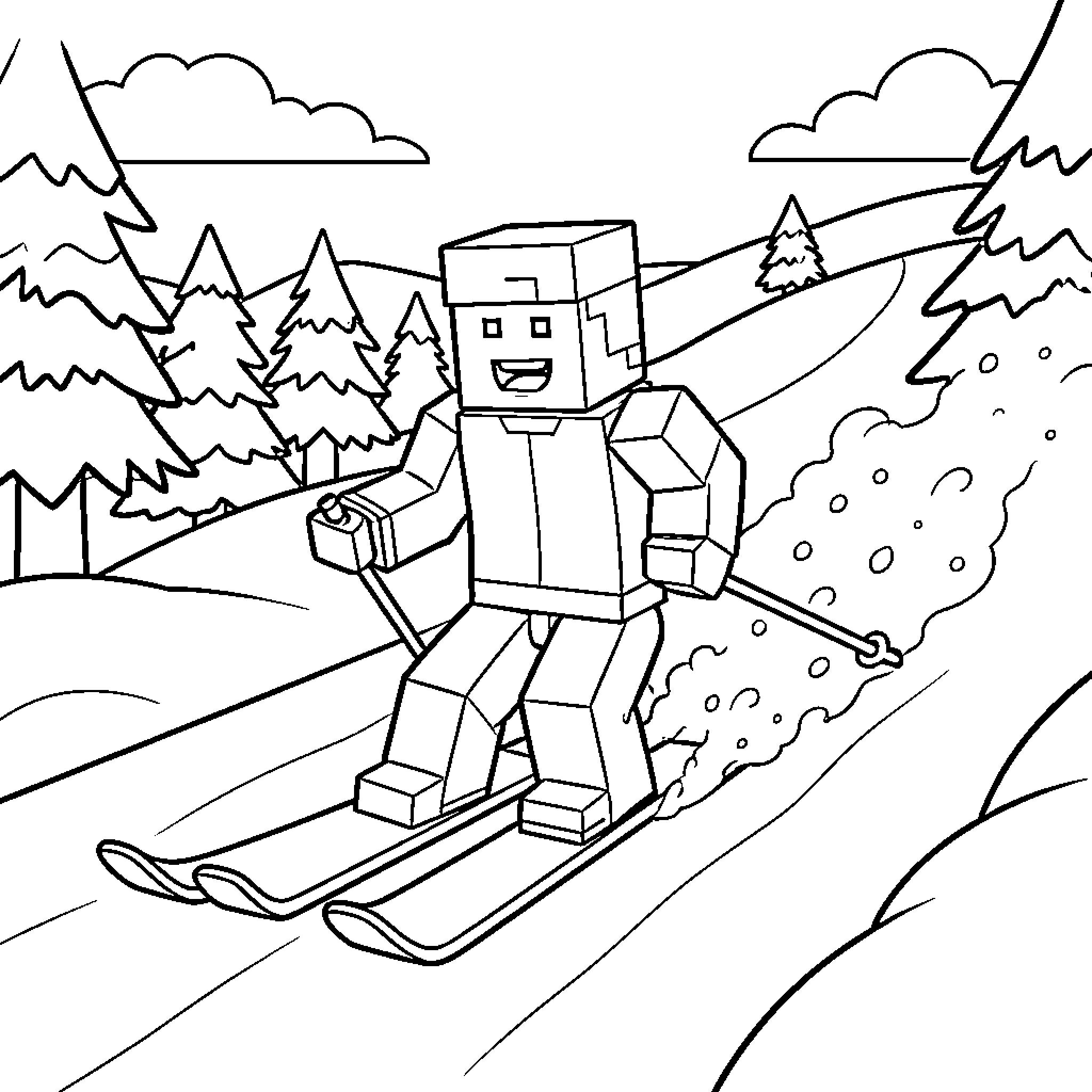 Steve skiing down the snowy mountain Coloring Page (free black-and-white line drawing printable PDF for all, from beginners to advanced learners, including children, teens, adults, and seniors)