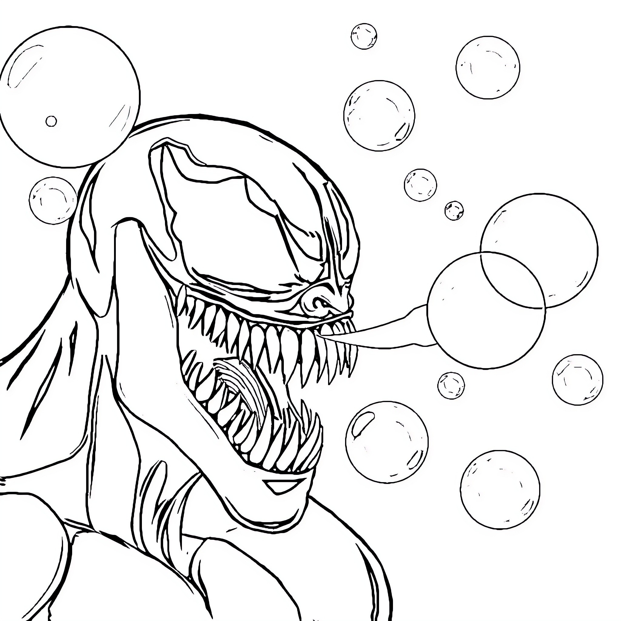 Venom's Menacing Presence with Bubbles Coloring Page (free black-and-white line drawing printable PDF for all, from beginners to advanced learners, including children, teens, adults, and seniors)