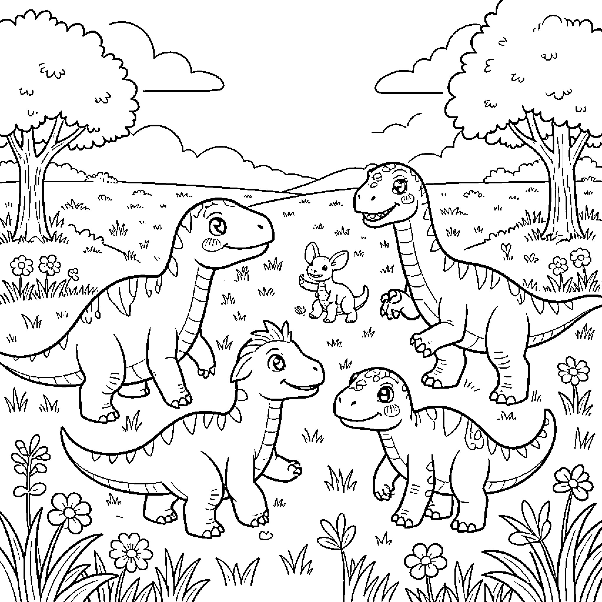Baby Dinosaurs playing together in a grassy meadow Coloring Page (free black-and-white line drawing printable PDF for all, from beginners to advanced learners, including children, teens, adults, and seniors)