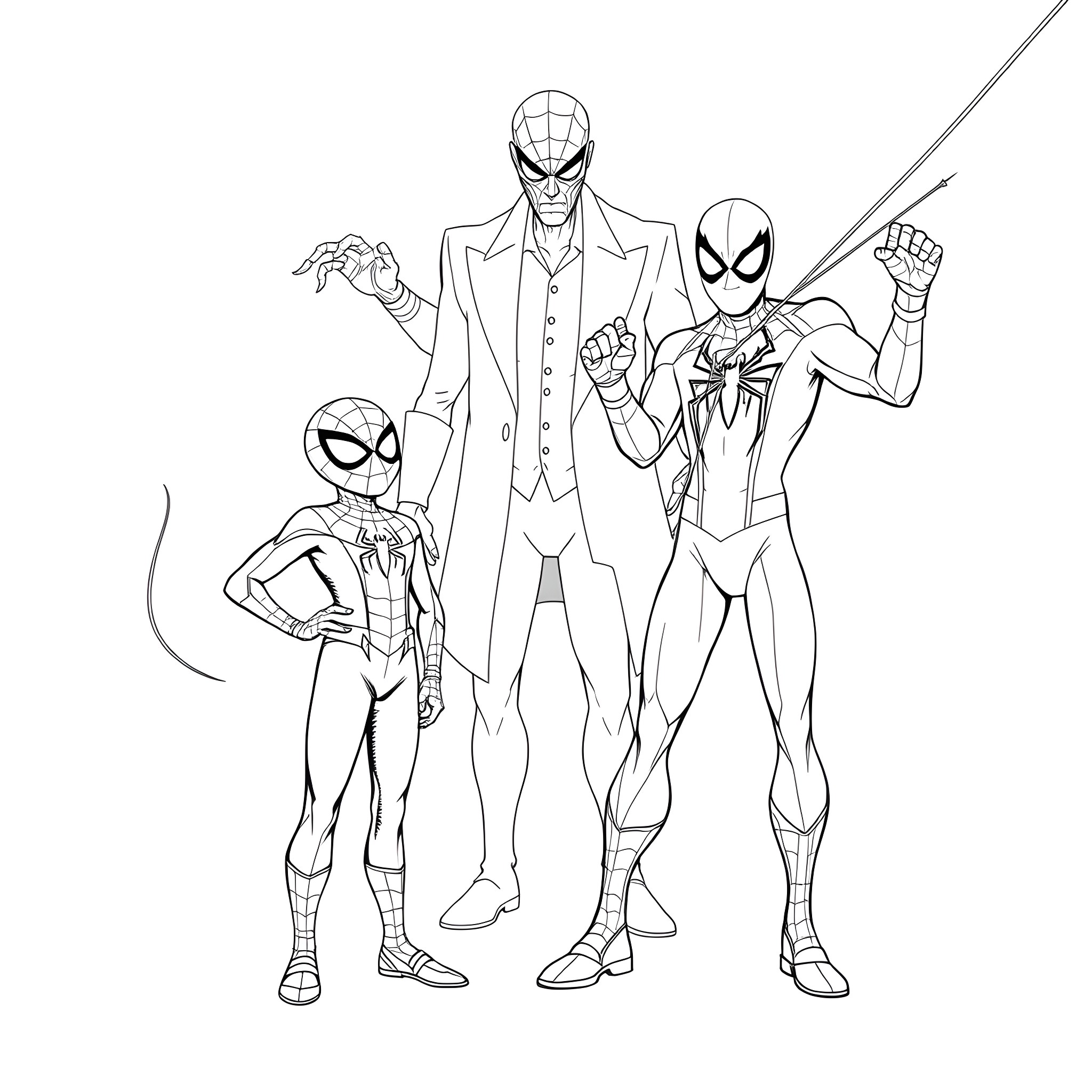 Spiderman characters in heroic poses Coloring Page (free black-and-white line drawing printable PDF for all, from beginners to advanced learners, including children, teens, adults, and seniors)