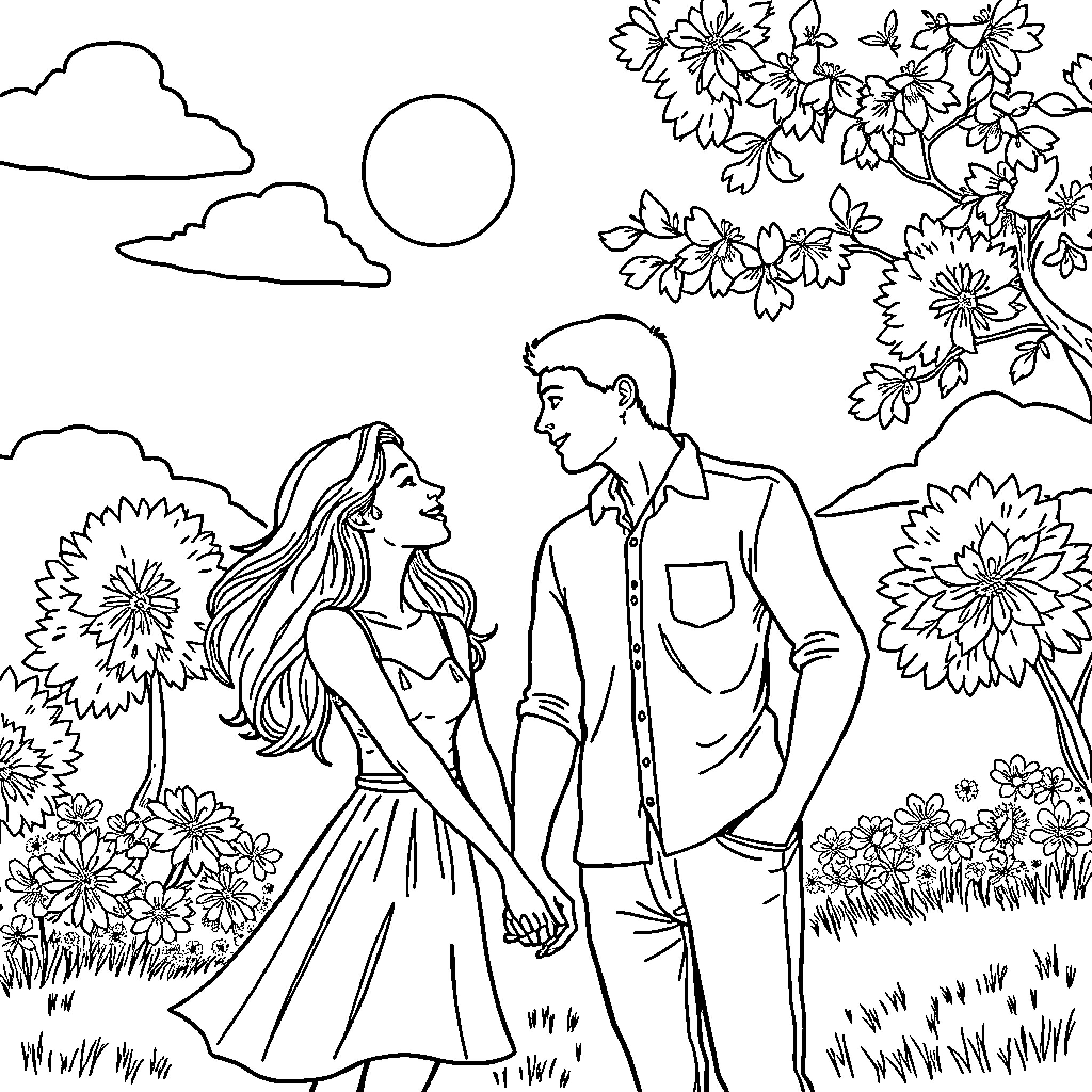 Couple strolling through a garden of flowers Coloring Page (free black-and-white line drawing printable PDF for all, from beginners to advanced learners, including children, teens, adults, and seniors)