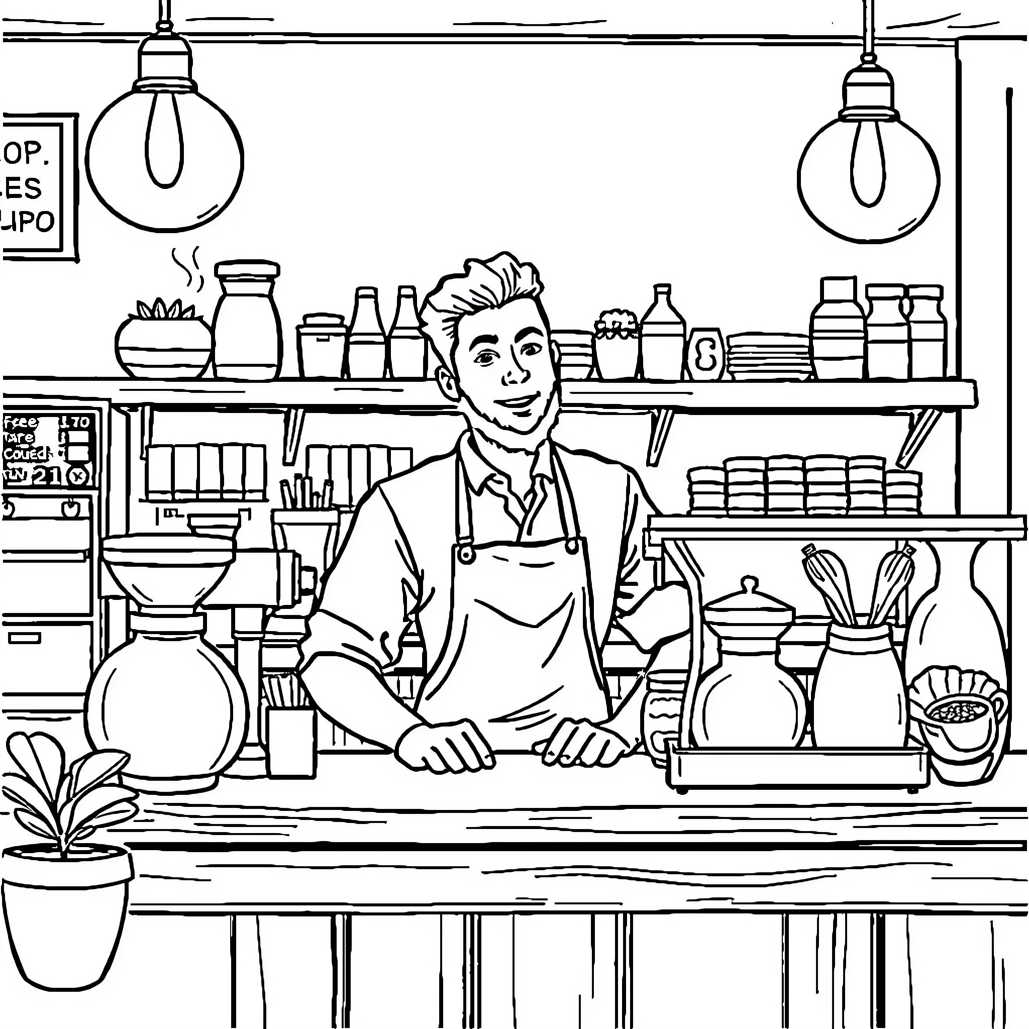 Barista working diligently in cozy café Coloring Page (free black-and-white line drawing printable PDF for all, from beginners to advanced learners, including children, teens, adults, and seniors)