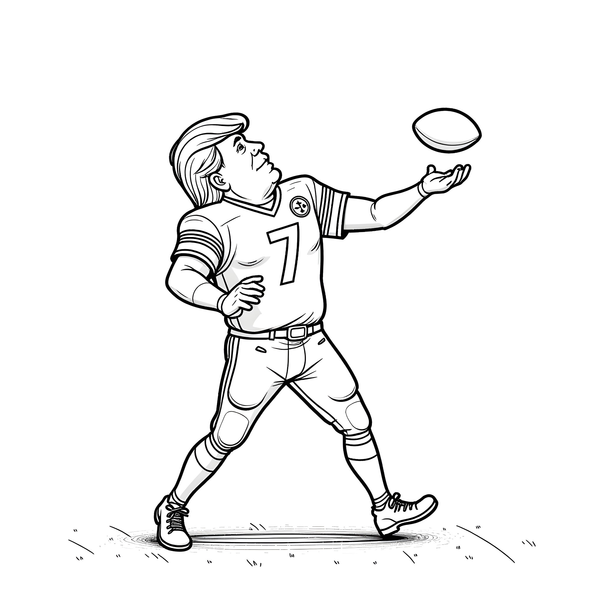 Donald Trump playing American football Coloring Page (free black-and-white line drawing printable PDF for all, from beginners to advanced learners, including children, teens, adults, and seniors)