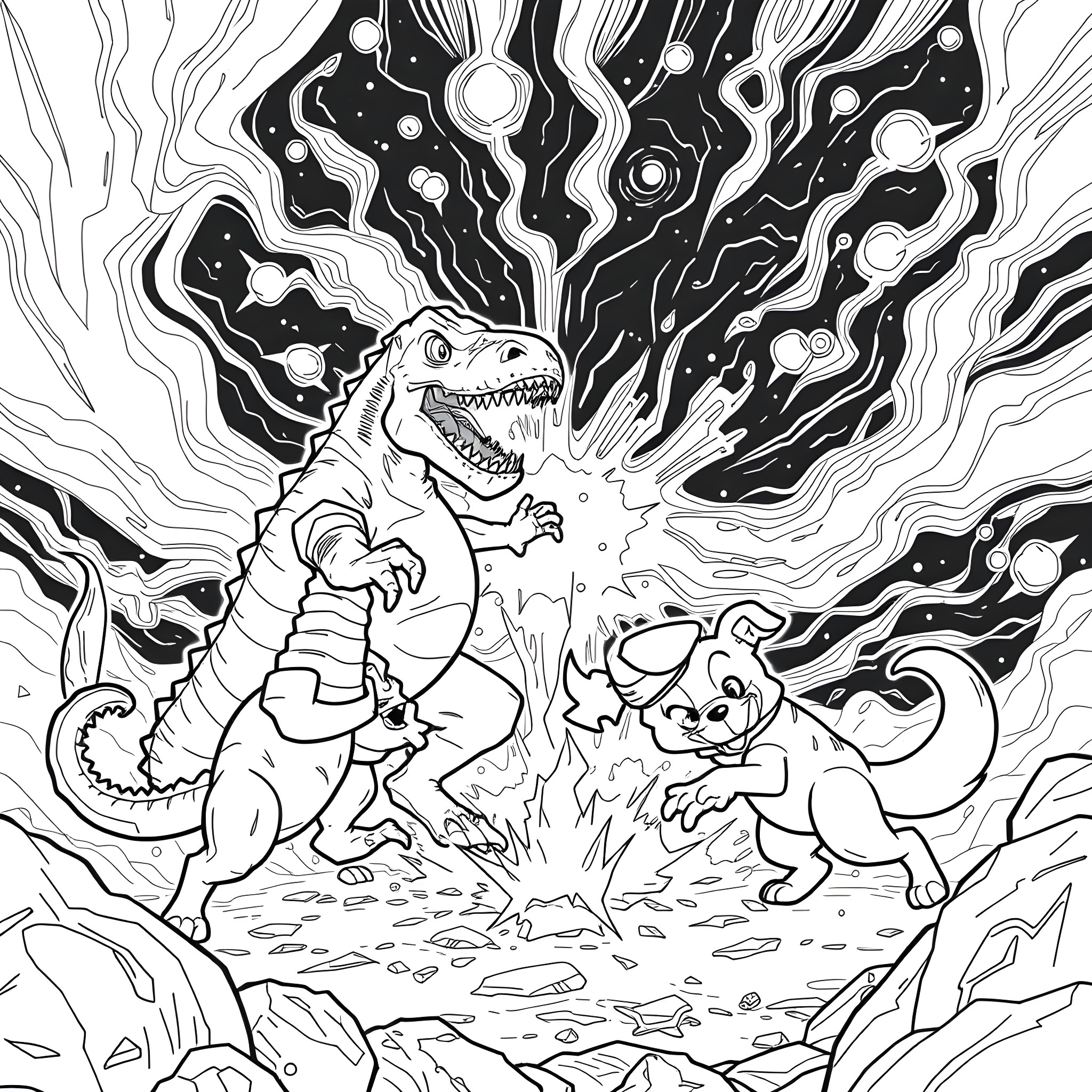 Hero dinosaurs battling in cosmic energy landscape Coloring Page (free black-and-white line drawing printable PDF for all, from beginners to advanced learners, including children, teens, adults, and seniors)