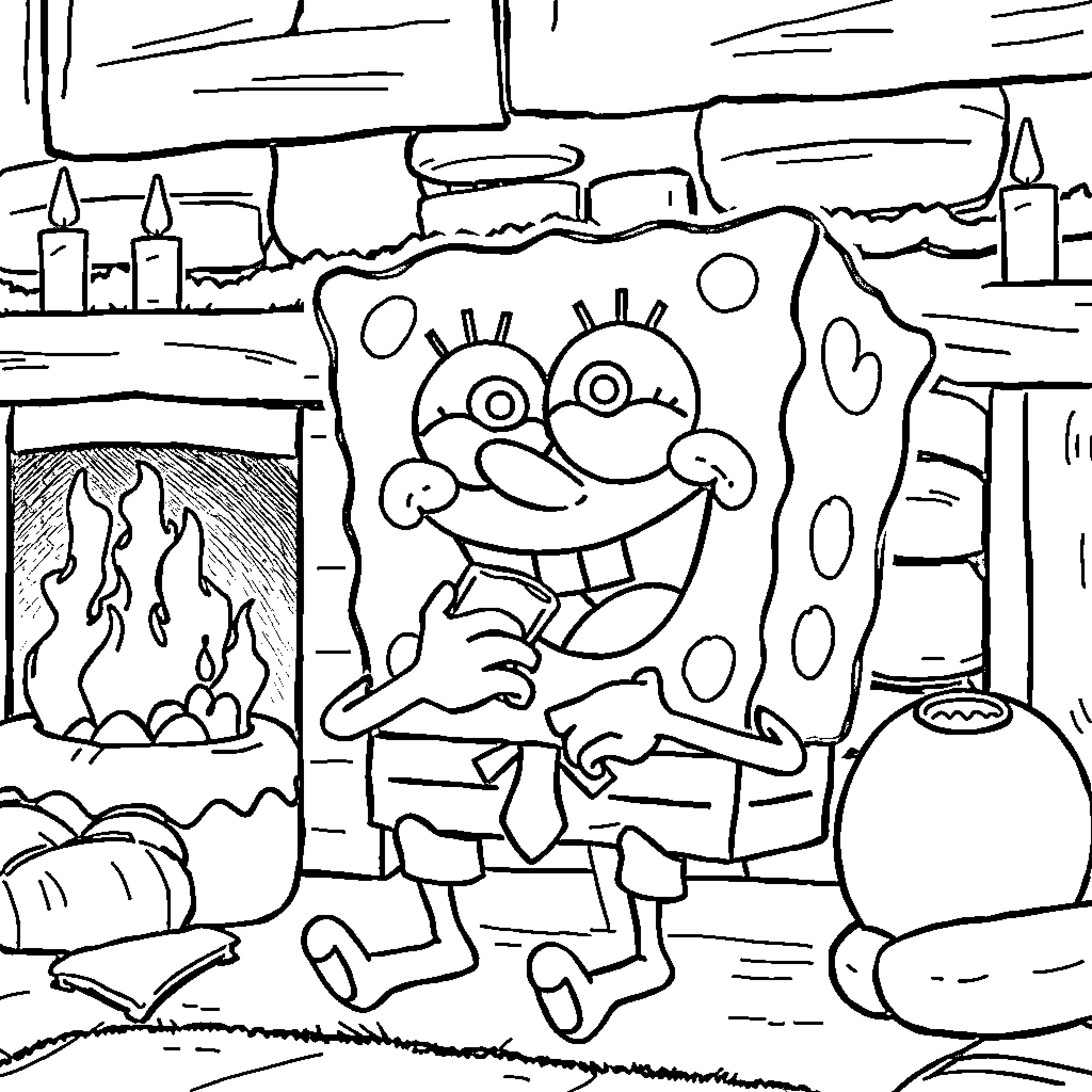 Spongebob enjoying a cozy fireplace scene Coloring Page (free black-and-white line drawing printable PDF for all, from beginners to advanced learners, including children, teens, adults, and seniors)
