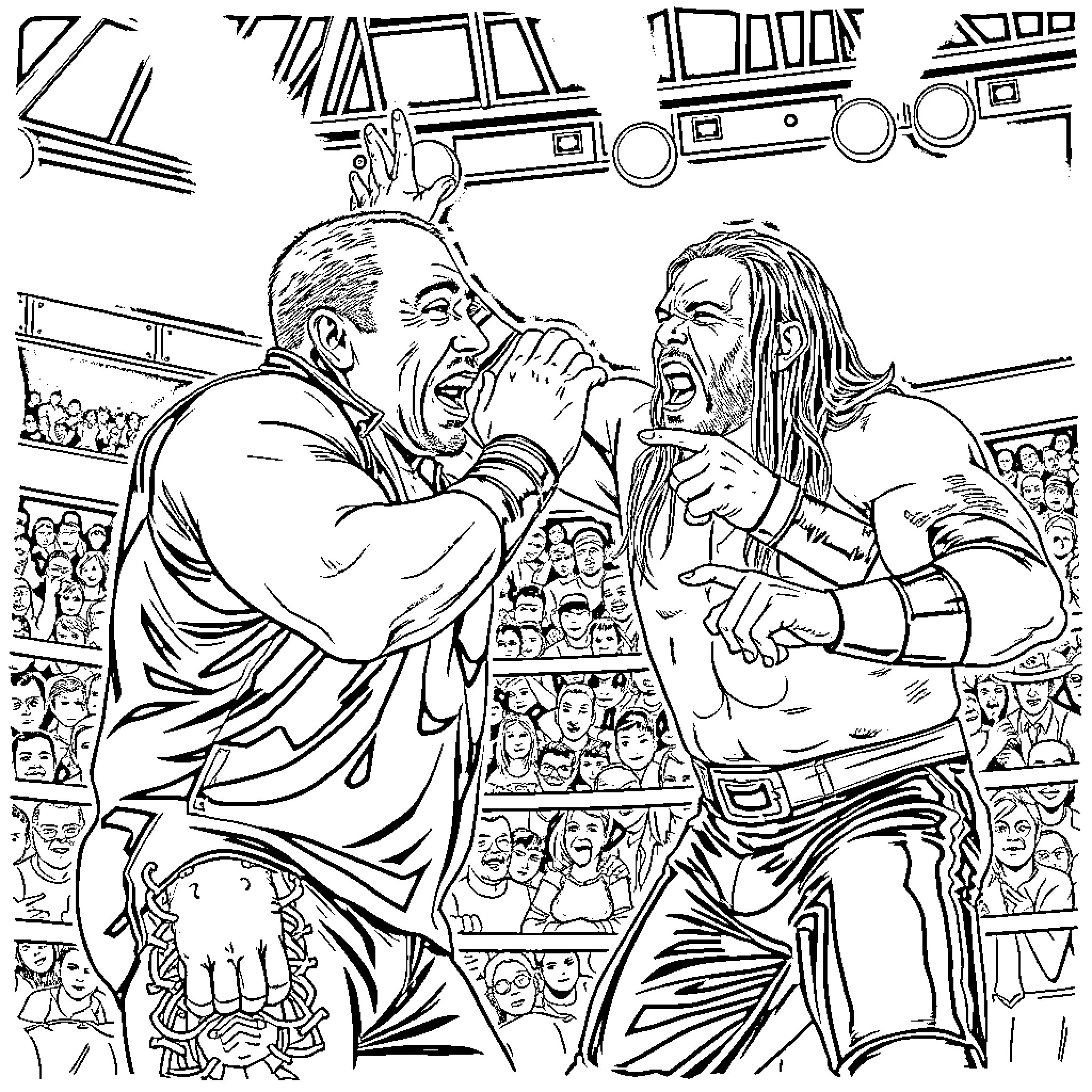 John Cena in an intense wrestling match with a long-haired opponent Coloring Page (free black-and-white line drawing printable PDF for all, from beginners to advanced learners, including children, teens, adults, and seniors)