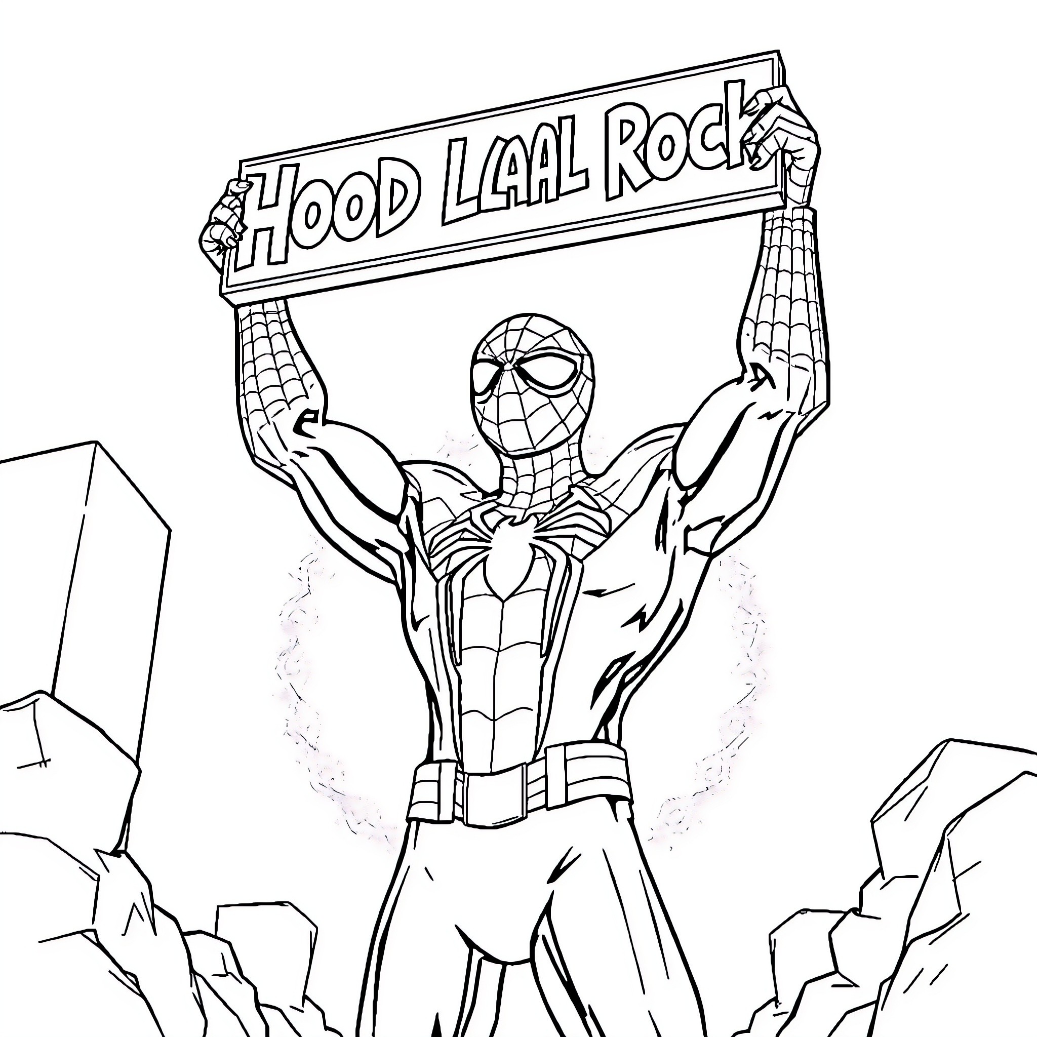 Spiderman Holding a 'Hood Lala Rock' Sign Coloring Page (free black-and-white line drawing printable PDF for all, from beginners to advanced learners, including children, teens, adults, and seniors)
