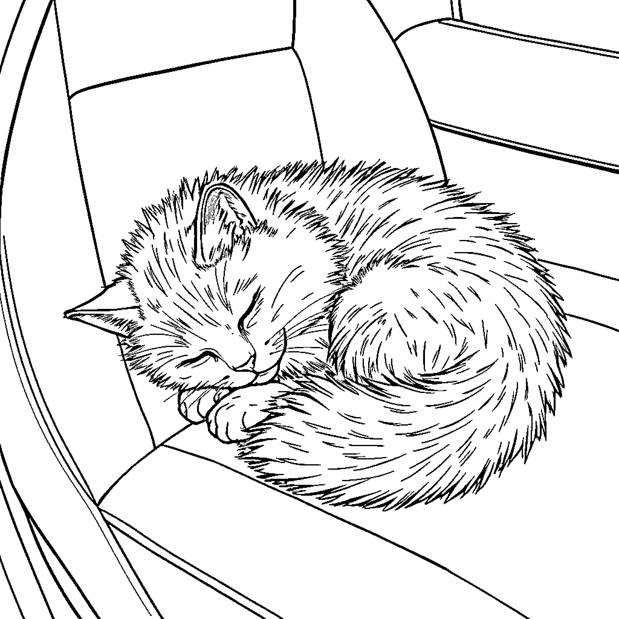 Cat sleeping peacefully on chair Coloring Page (free black-and-white line drawing printable PDF for all, from beginners to advanced learners, including children, teens, adults, and seniors)