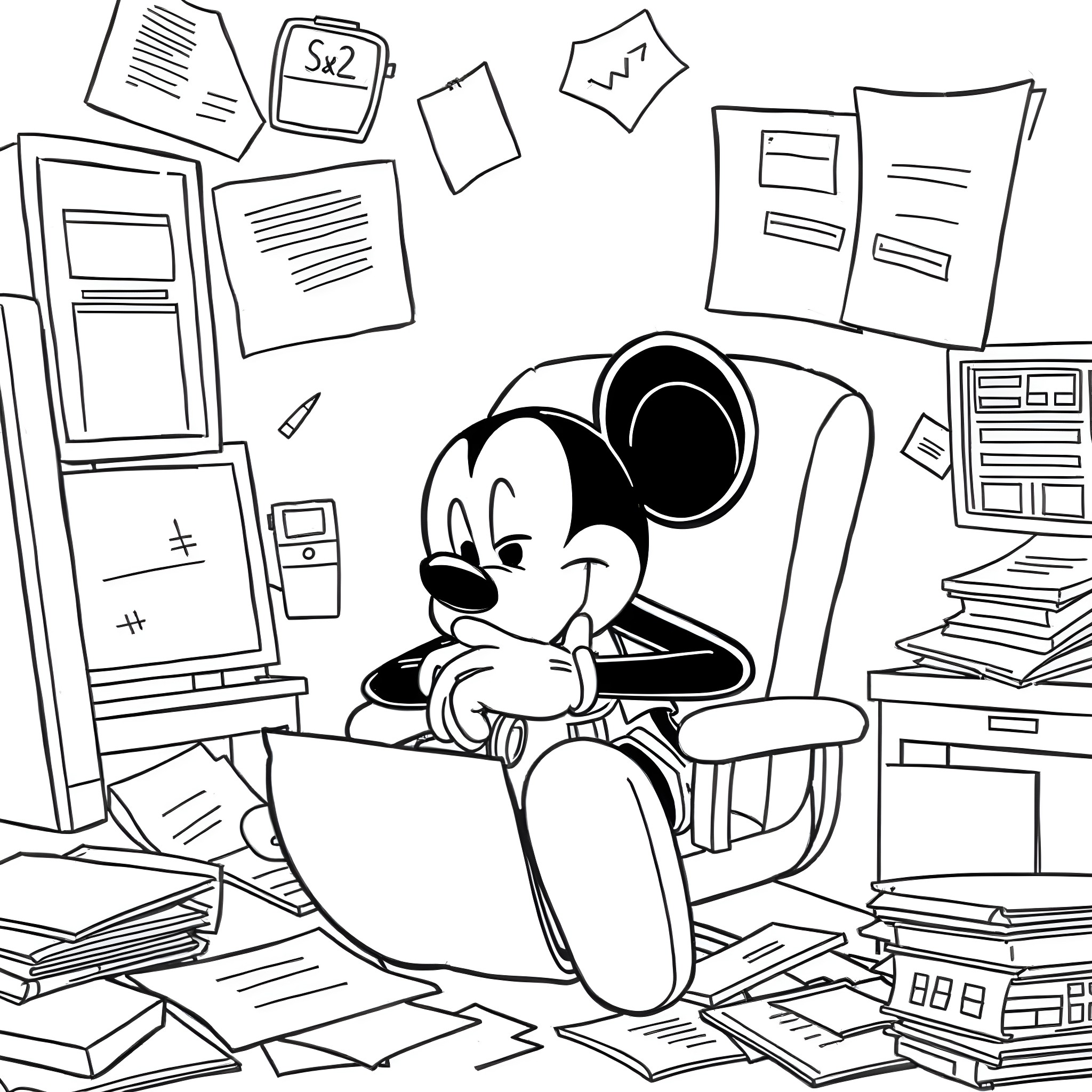 Mickey Mouse studying diligently in a cluttered office Coloring Page (free black-and-white line drawing printable PDF for all, from beginners to advanced learners, including children, teens, adults, and seniors)