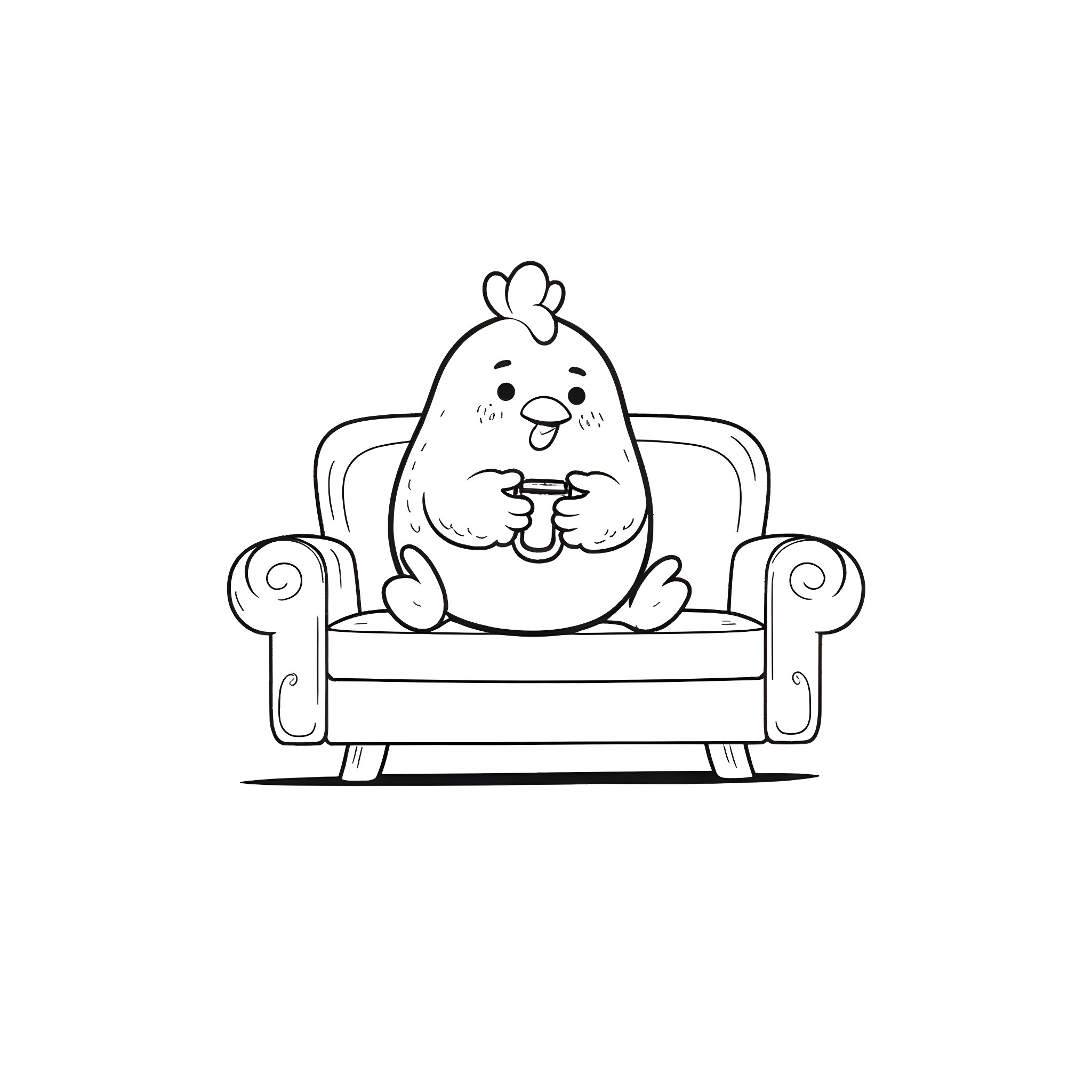 Chicken relaxing comfortably on cozy armchair Coloring Page (free black-and-white line drawing printable PDF for all, from beginners to advanced learners, including children, teens, adults, and seniors)