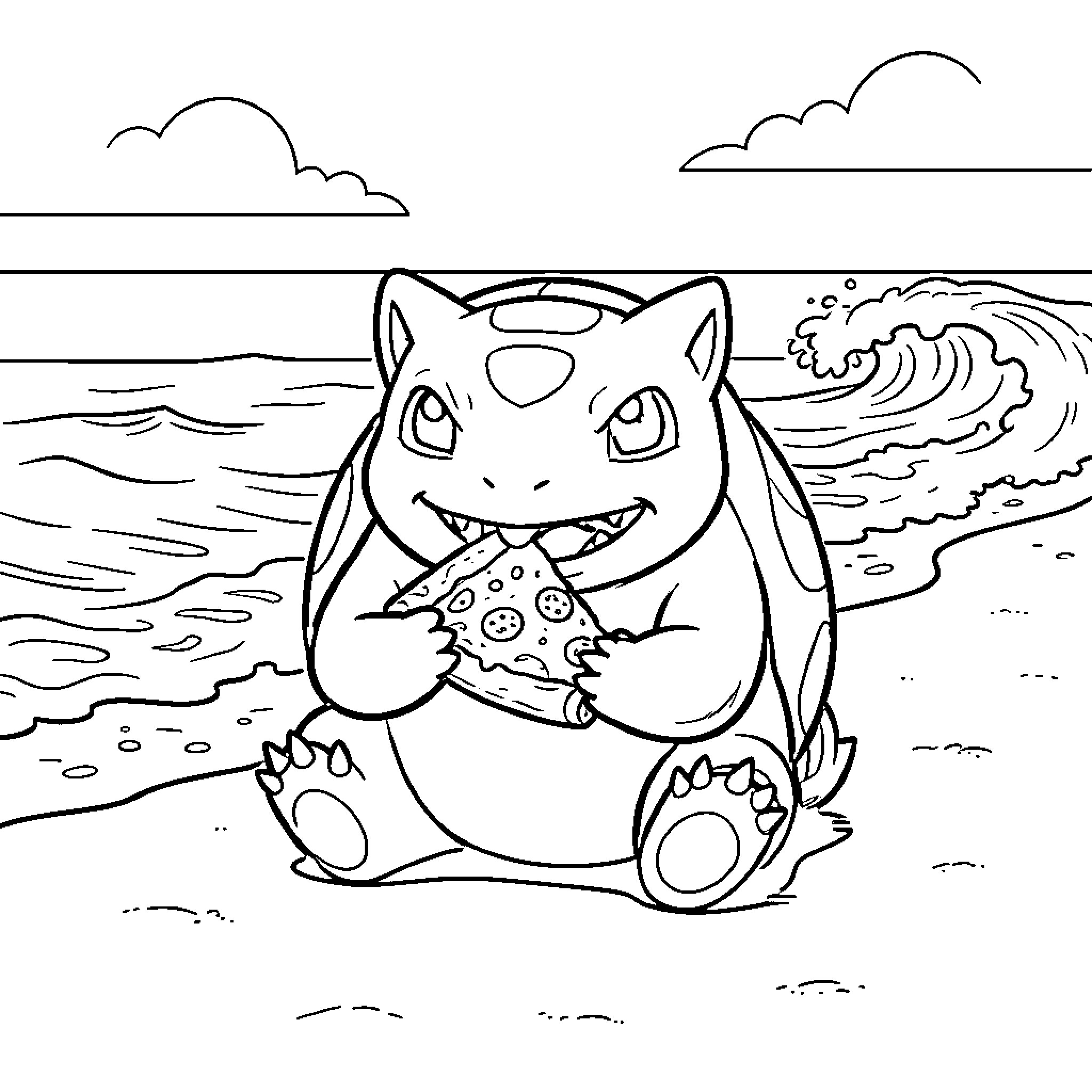 Bulbizarre eating a large slice of pizza on the beach Coloring Page (free black-and-white line drawing printable PDF for all, from beginners to advanced learners, including children, teens, adults, and seniors)