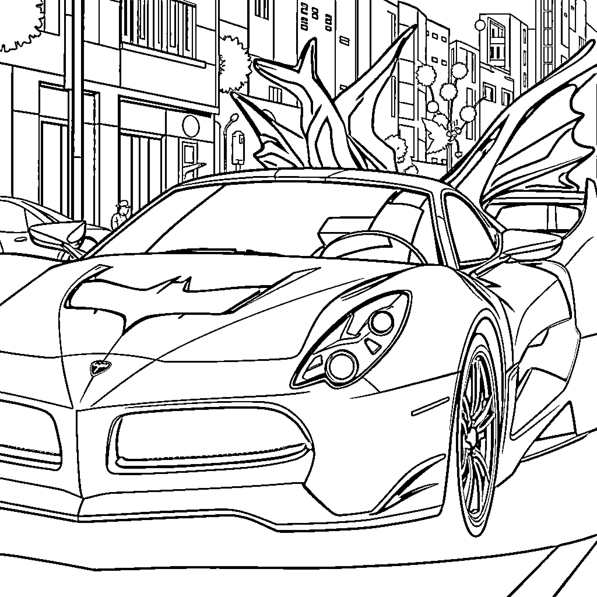 Batman Car racing through the city Coloring Page (free black-and-white line drawing printable PDF for all, from beginners to advanced learners, including children, teens, adults, and seniors)