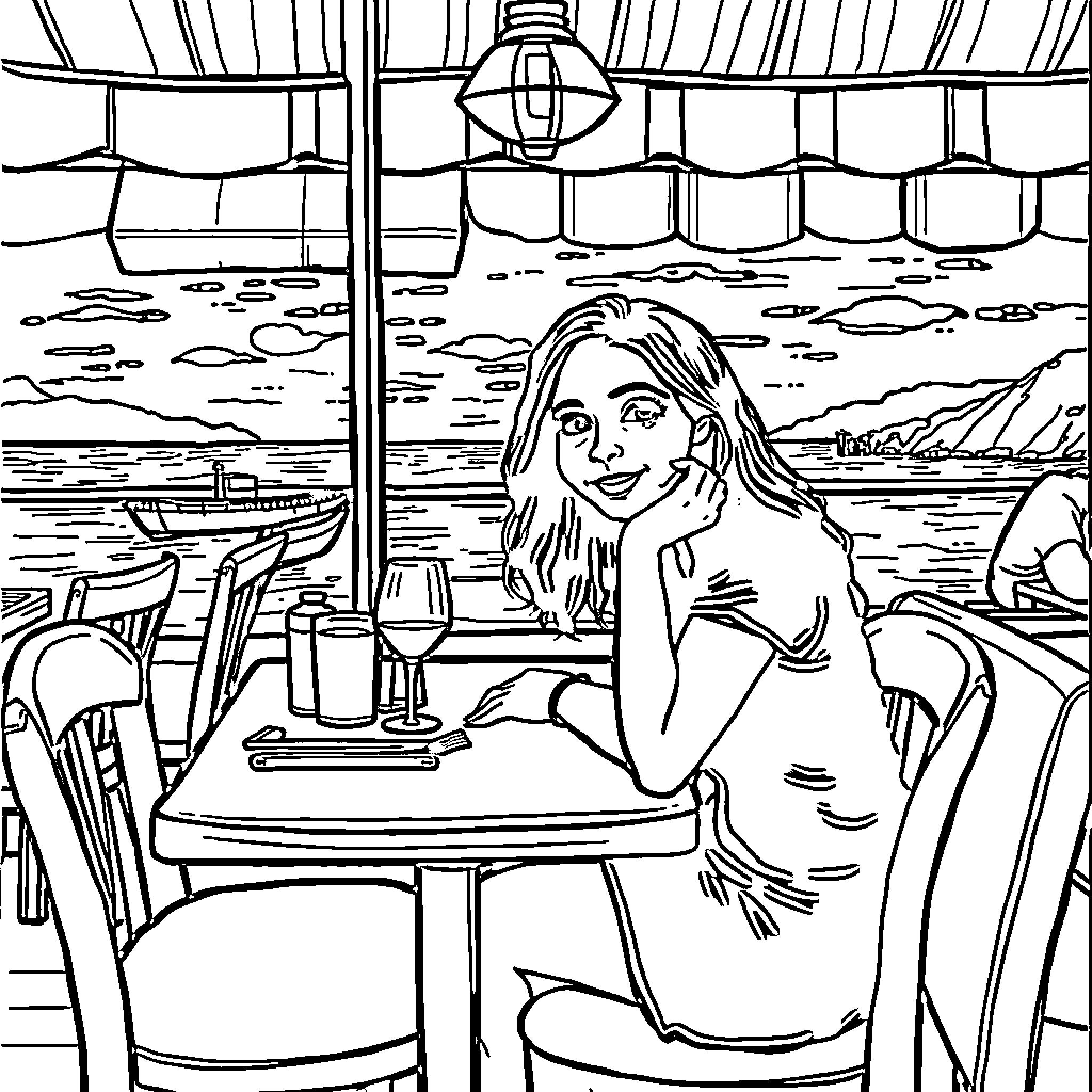 Seafood Restaurant by the Waterfront Coloring Page (free black-and-white line drawing printable PDF for all, from beginners to advanced learners, including children, teens, adults, and seniors)